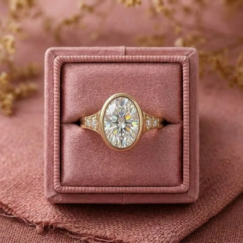 Oval Cut Bezel Engagement Ring, Moissanite Wedding Ring, 14K Gold Ring, Bezel Set Cluster Ring, Anniversary Ring, Promise Ring, Gift for Her