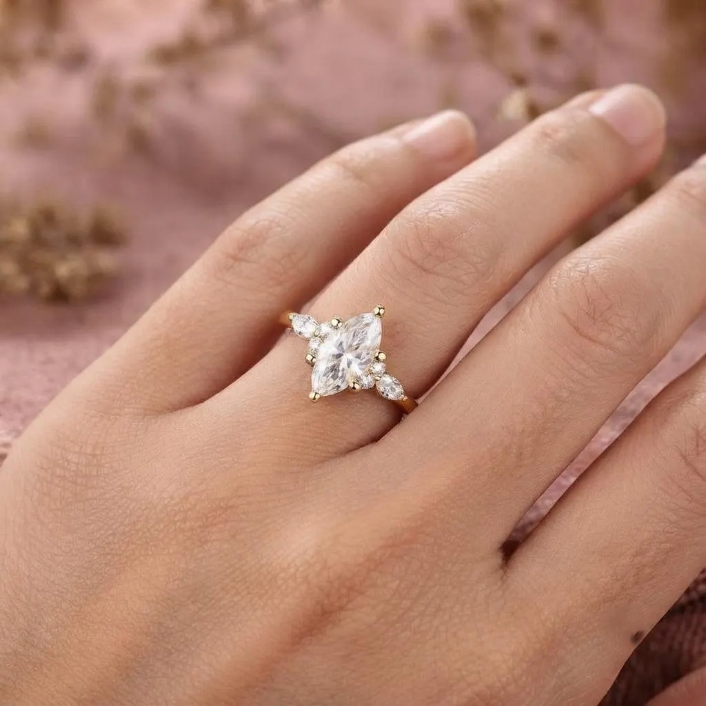 Vintage Marquise Cut Moissanite Engagement Ring Women's Diamond Wedding Ring with Side Stone Delicate 14k Solid Gold Diamond Promise Ring