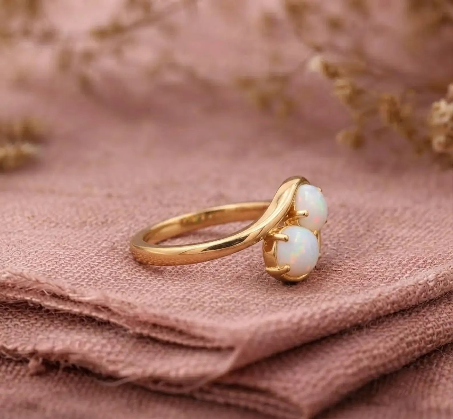 Oval Opal Dual Stone Ring, 925 Sterling Silver, Opal Gemstone Jewelry, October Birthday Gift, Gold Opal Ring, Christmas Gift, Gift for her