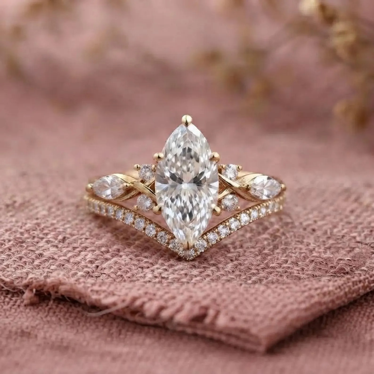 Marquise Cut Moissanite Engagement Ring Set, Gold Bridal Ring Set, Diamond Cluster Wedding Stacking Band, Anniversary Ring, Gift For Wife