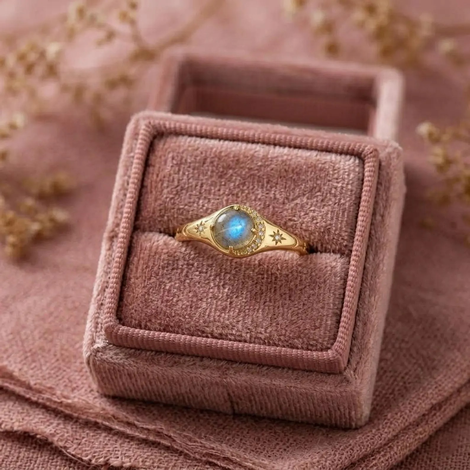 Natural Labradorite Diamond Summer jewelry, Moon Crescent Wedding Ring Diamond Moon And Star Ring Minimalist Summer Gift, Gift Ring For Her