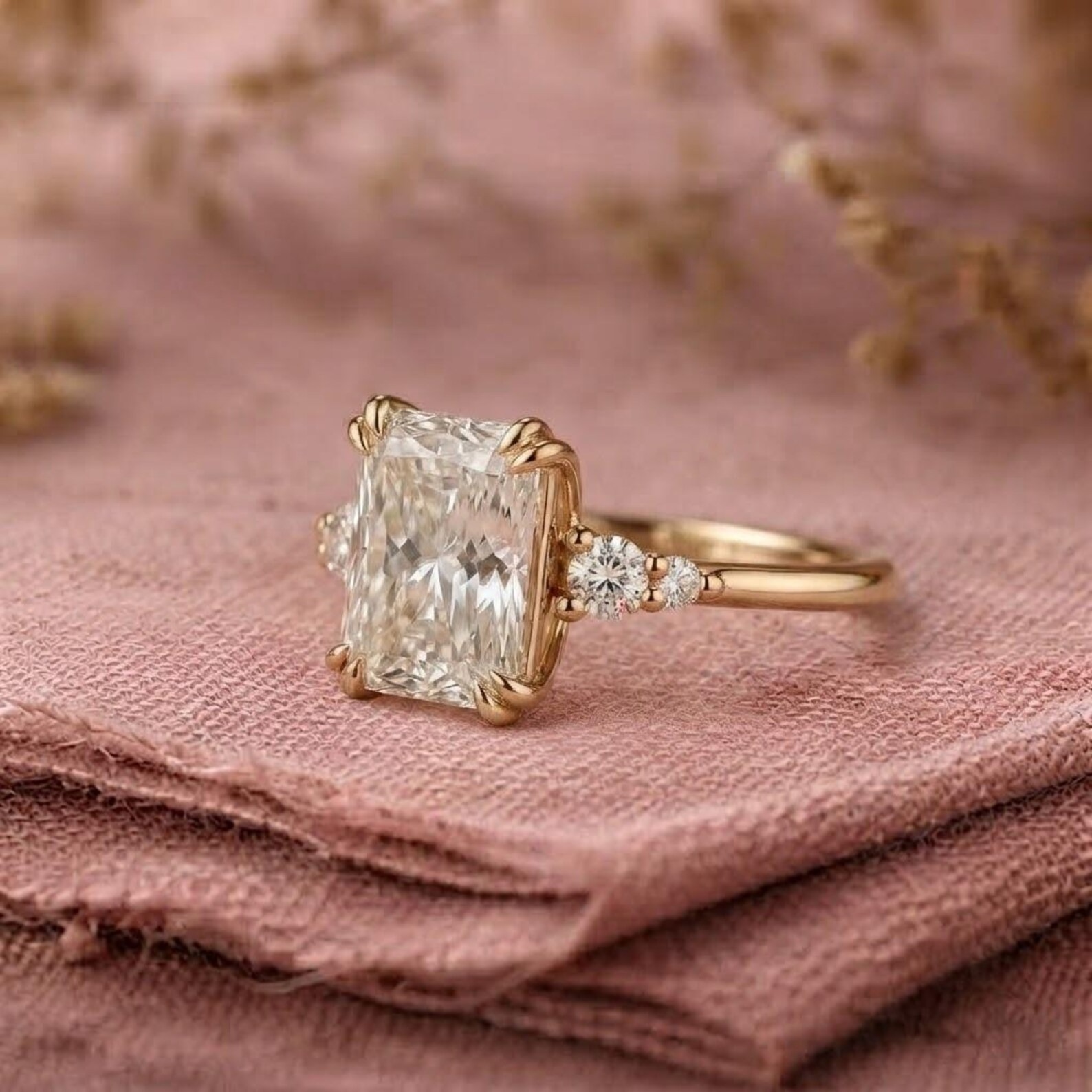 Vintage Radiant Cut Moissanite Engagement Ring, Double Prong Set Wedding Ring for Women, Five Stone Anniversary Ring Gift, Art Deco Jewelry