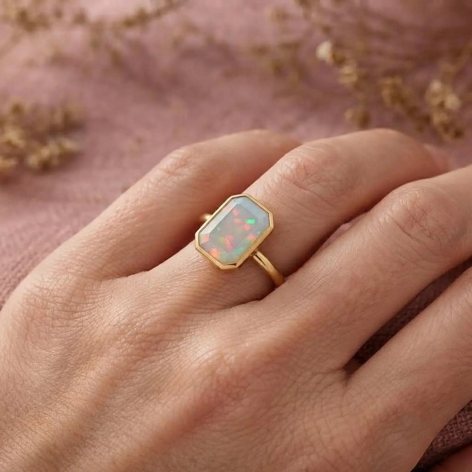 Emerald Cut Opal Engagement Ring, Natural Ethiopian Opal Bezel Ring, Anniversary Gift For Her, White Opal October Birthstone Bridal Ring