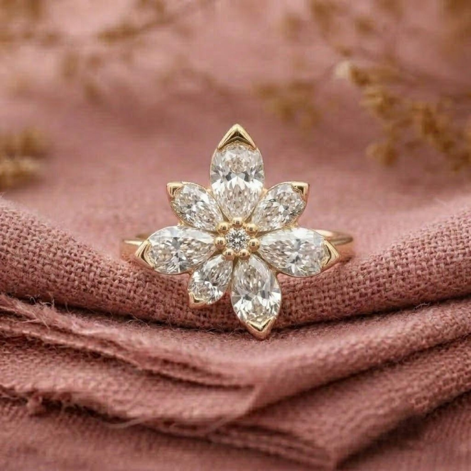 Flower Moissanite Engagement Ring, Unique Nature Inspired Bridal Ring, Pear Cut Moissanite Ring, 14K Rose Gold Ring, Dainty Moissanite Ring