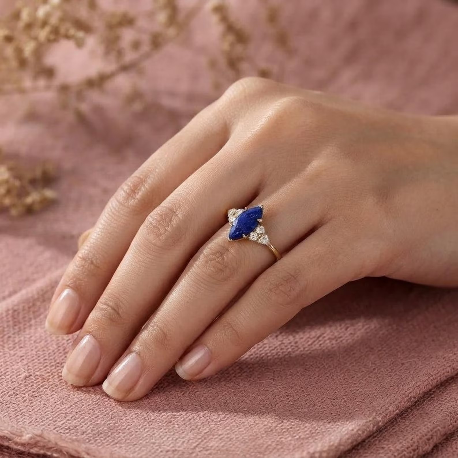Lapis Lazuli Ring, Marquise Cut Lapis lazuli Statement Ring, Gemstone Ring, Vintage Diamond Cluster Ring, Promise Ring, Natural Lapis Lazuli