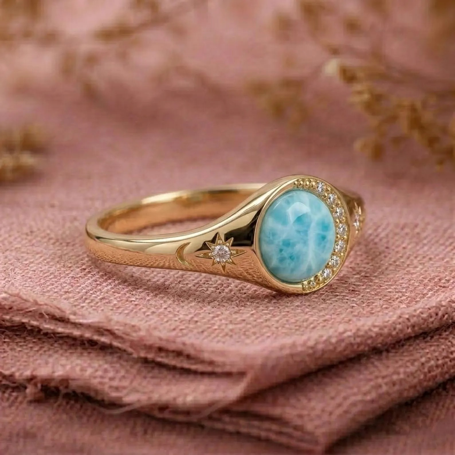 Crescent Moon Larimar Ring Gold Celestial Ring Blue Stone Ring Star Engraved Band Minimalist Dainty Jewelry Gift for Her Christmas Gifts