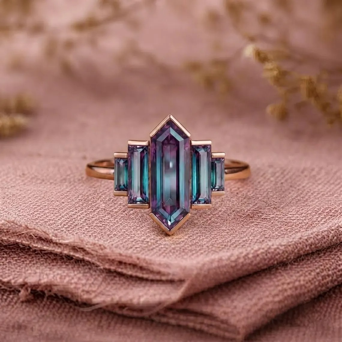 Unique Hexagon Cut Alexandrite Ring Rose Gold Engagement Ring Baguette Cut Bezel set Ring Art Deco Bridal Wedding Anniversary Gift for Her