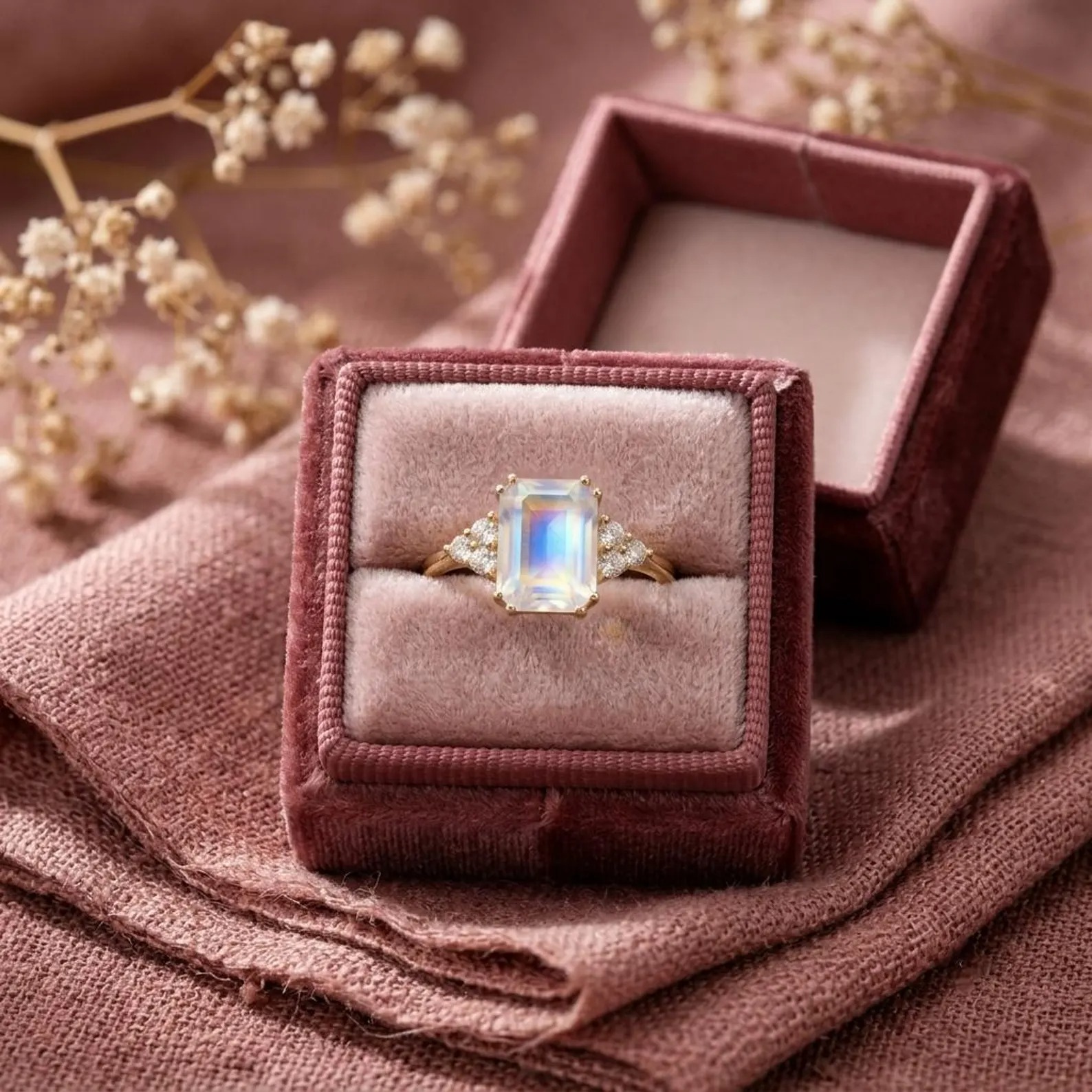 Emerald Cut Moonstone Engagement Ring, Rainbow Moonstone Ring with Diamond Cluster, Handmade Art Deco Promise Ring, Christmas Gift For Her