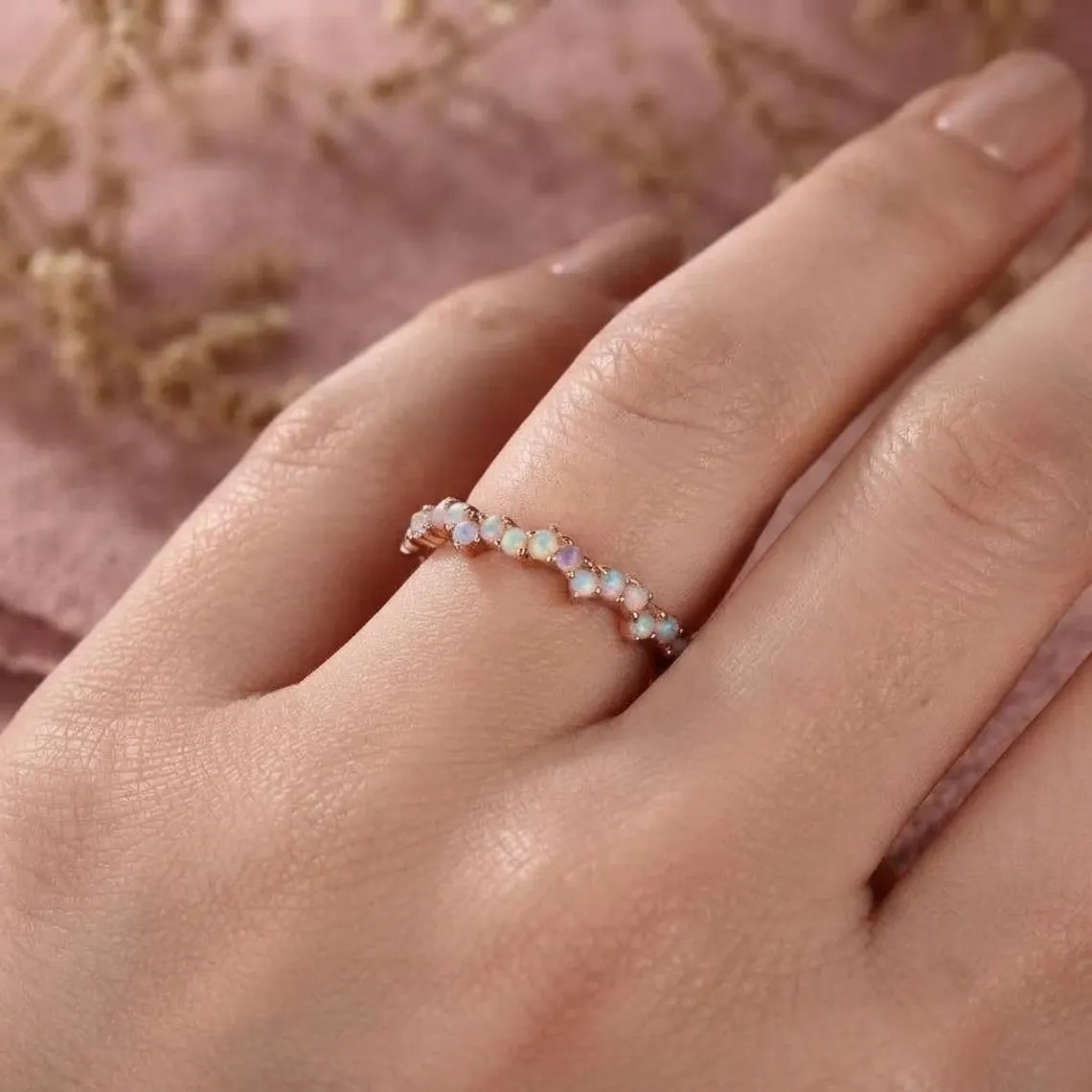 Opal Ring, Vintage Opal Band, Opal Wedding Band, 14k Rose Gold Opal Ring, Dainty Opal Ring, October Birthstone Ring, Matching Band