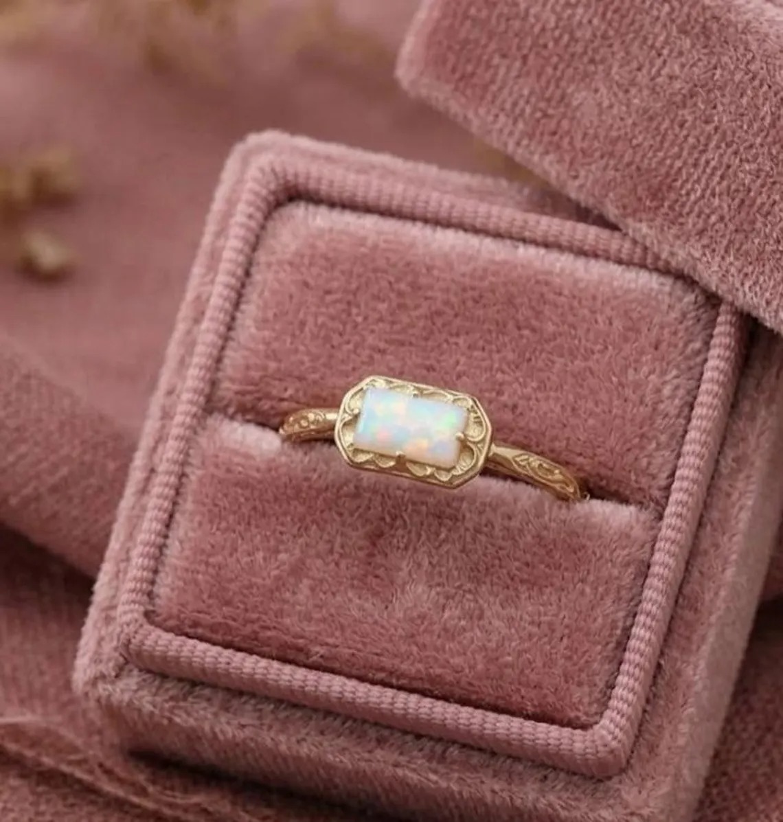 Opal Baguette Ring: 925 Sterling Silver, Baguette Cut Vintage Engraved Band, October Birthstone Gift, Dainty Opal Ring, Christmas Gift