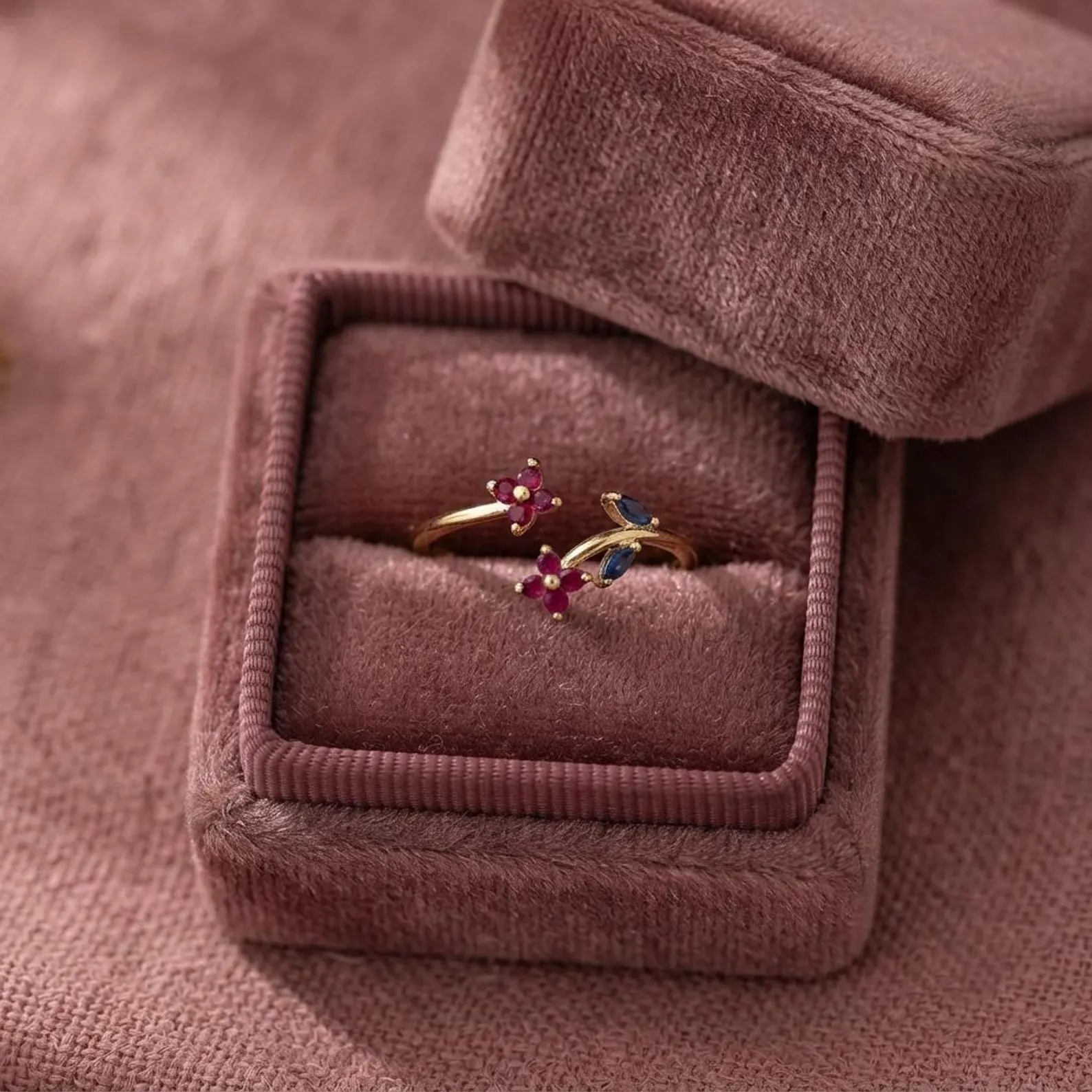 Gold Floral Garnet Ring, Blue Sapphire Adjustable Ring, Dainty Gemstone Open Band Ring, Botanical Flower Ring, Boho Jewelry, Gift For Her