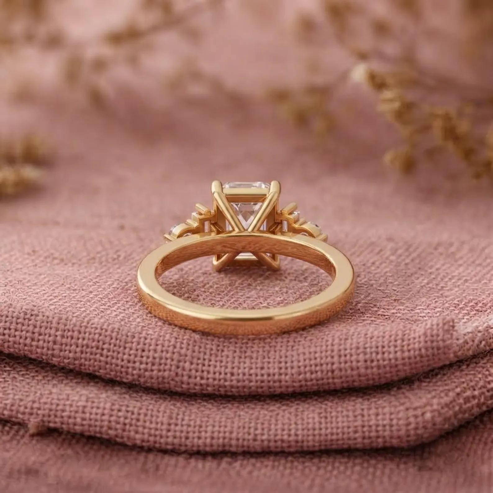Emerald Cut Moissanite Five Stone Ring, Vintage Baguette & Round Cut Diamond Engagement Ring, 9K Solid Rose Gold Proposal Ring, Gift for He
