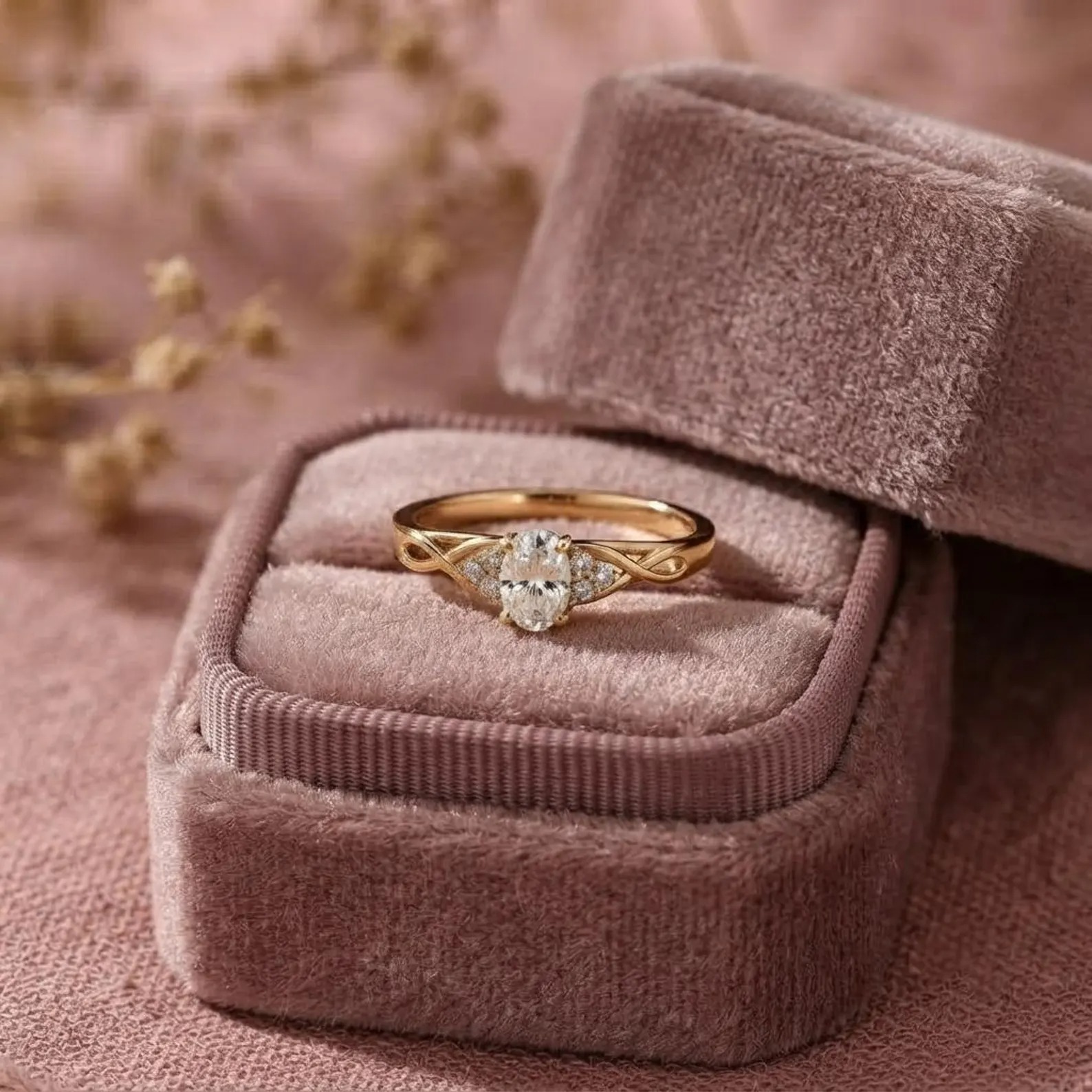 14k Solid Gold Oval Moissanite Engagement Ring, Twist Vine Solitaire Ring, Pave Infinity Moissanite Ring, Unique Leaf Style Bridal Ring