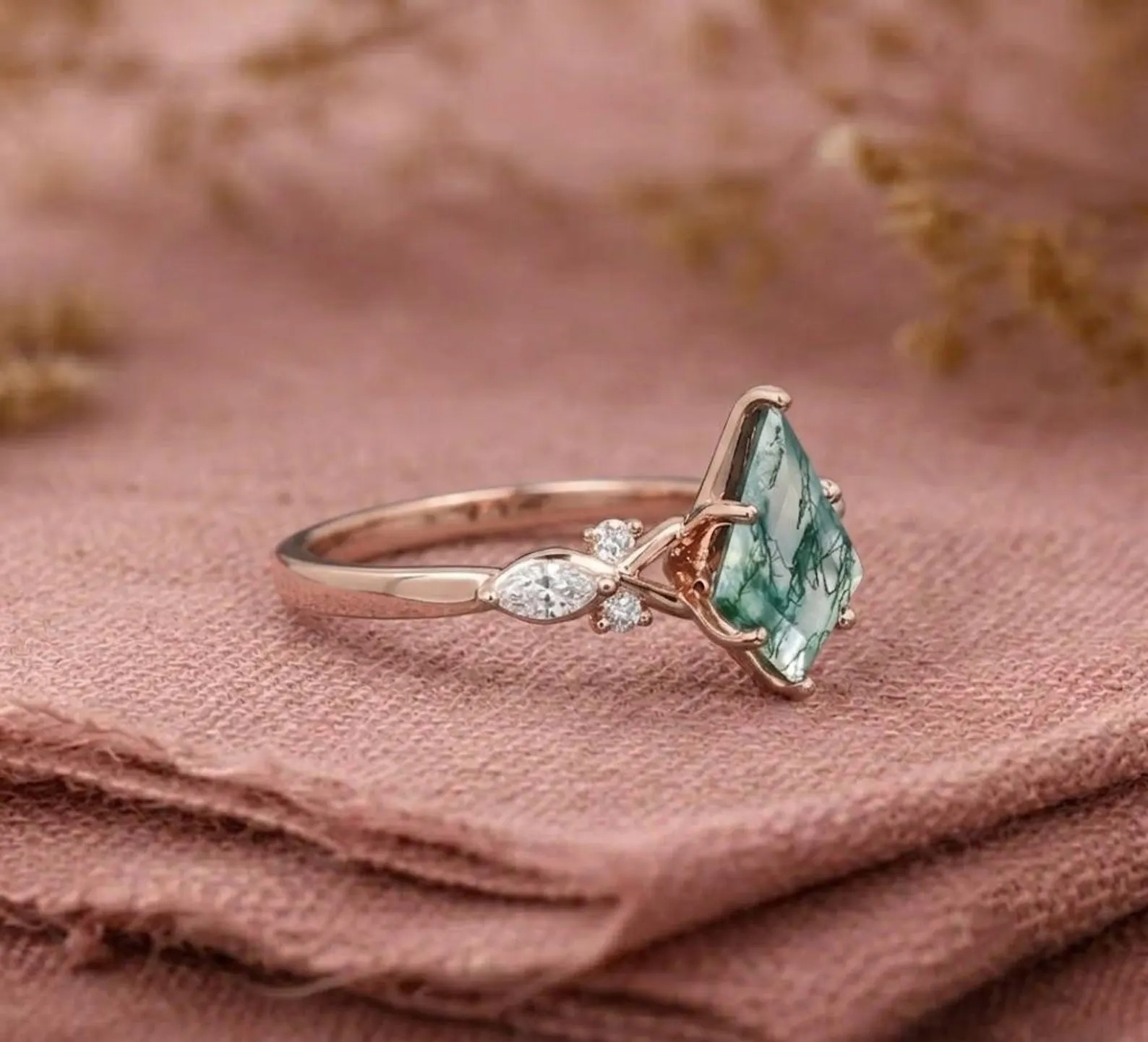 Vintage Moss Agate Engagement Ring, Kite Cut Moss Agate Ring, Leaf Diamond Cluster 925 Sterling Silver Nature Inspired Jewelry, Ring for Her