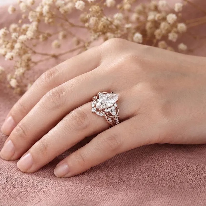 Marquise Cut Moissanite Engagement Ring Set Unique Rose Gold Bridal Ring Set Diamond Cluster Wedding Stacking Band Promise ring set