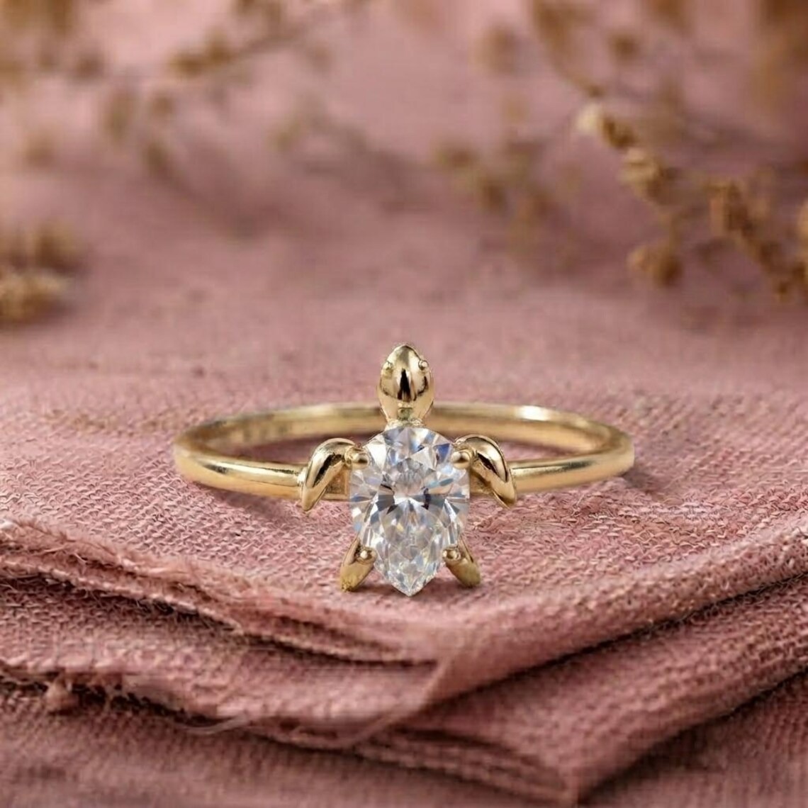14k Gold Tortoise Ring, Solid Gold Turtle Ring, Dainty Pear Moissanite Ring, Dainty Animal Ring, Good Luck Ring, Unisex Pear Colorless Ring