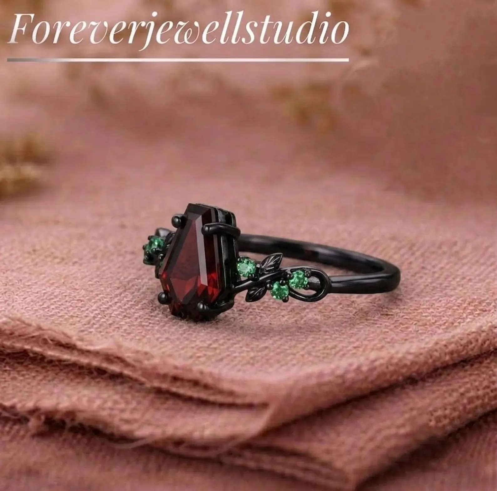 Coffin Cut Red Garnet Ring, Black Gold Art Deco Leaf Engagement Ring, Nature Inspired Emerald Wedding Ring, Bridal Promise Ring, Garnet Ring