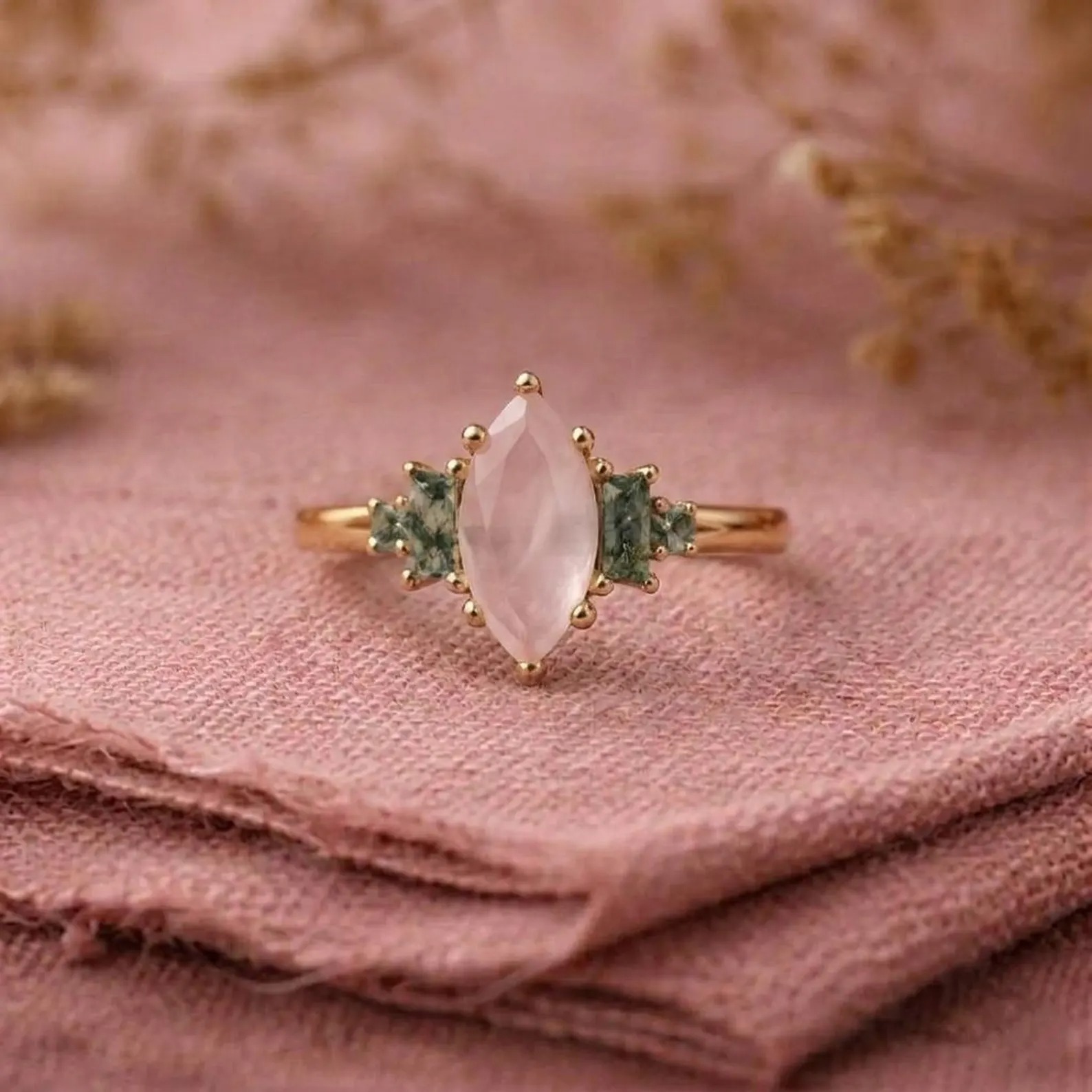 Rose Quartz Marquise Engagement Ring, Vintage Side Accent, Baguette Moss Agate, Green Gemstone Ring, Pink Quartz Gemstone Christmas Jewelry
