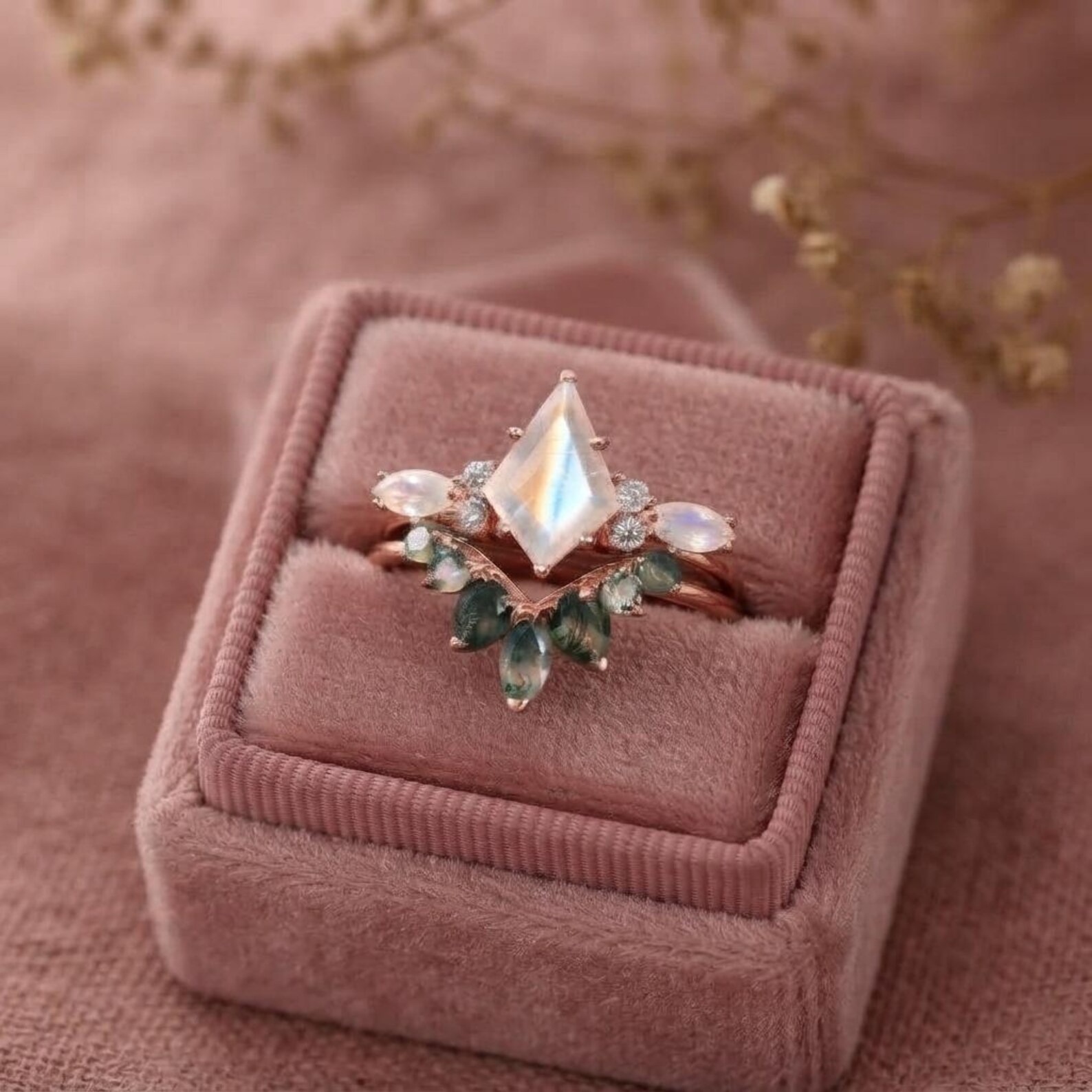 Skye Kite Moonstone Ring Set, Moss Agate & Moonstone Engagement Ring Set, Marquise Cut Moonstone Ring, Promise Ring, June Birthstone Ring