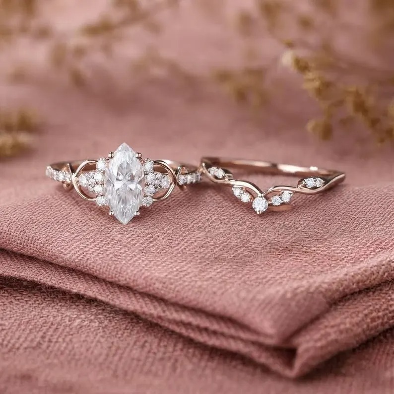 Marquise Cut Moissanite Engagement Ring Set Unique Rose Gold Bridal Ring Set Diamond Cluster Wedding Stacking Band Promise ring set