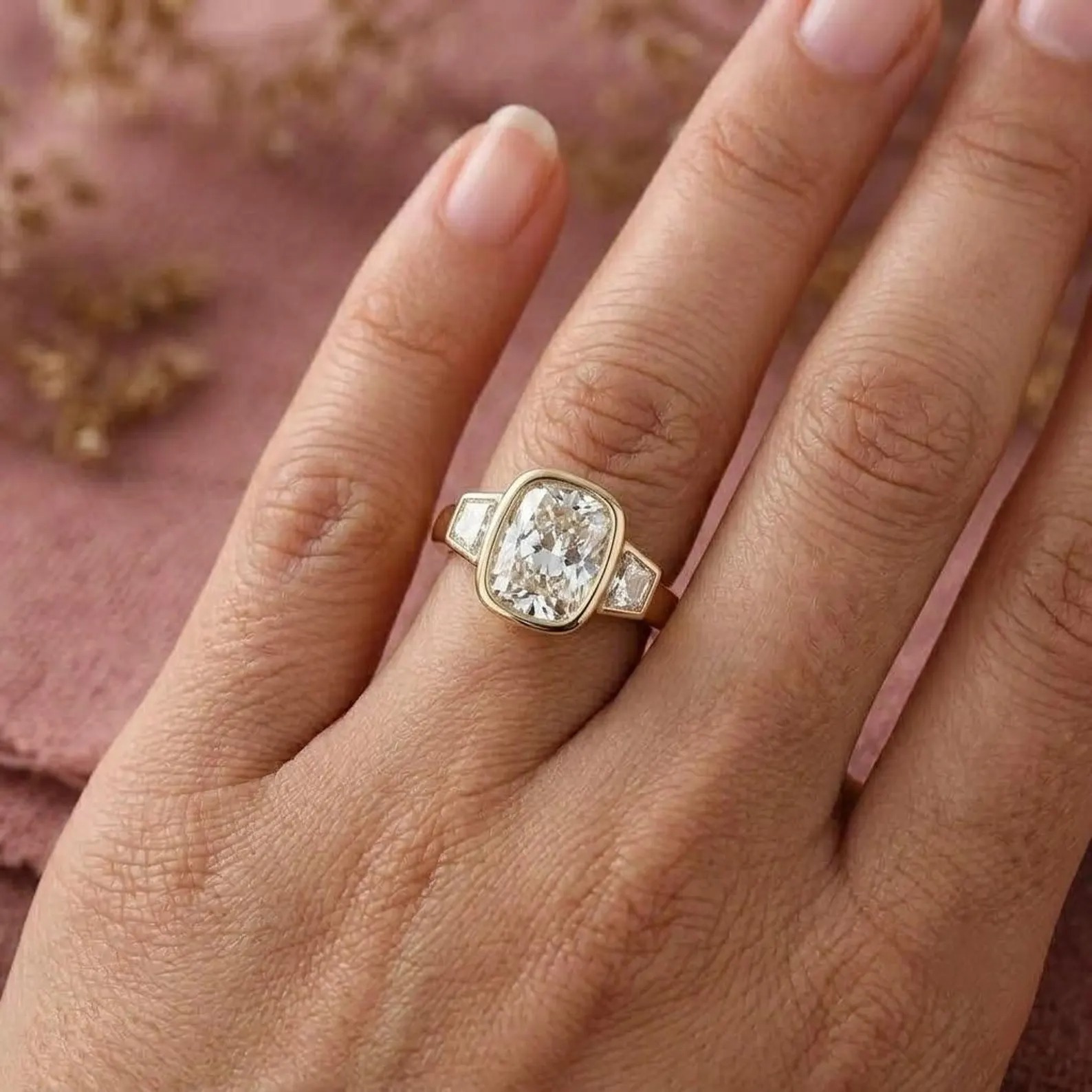 Cushion Cut Moissanite Engagement Ring, Elongated Cushion Diamond Bezel Set Ring, Colorless Gemstone Stacking Ring, Baguette Ring For Women