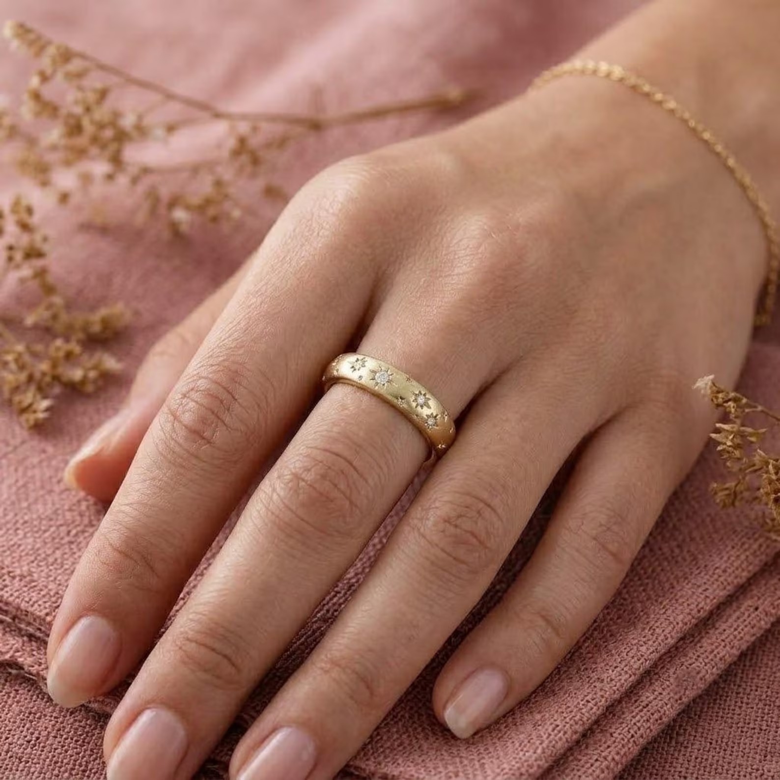 14K Solid Gold Diamond Starburst Wedding Band , Eternity Diamond Band, Star Engraved Stacking Ring, Celestial Ring For Women, Proposal Rings