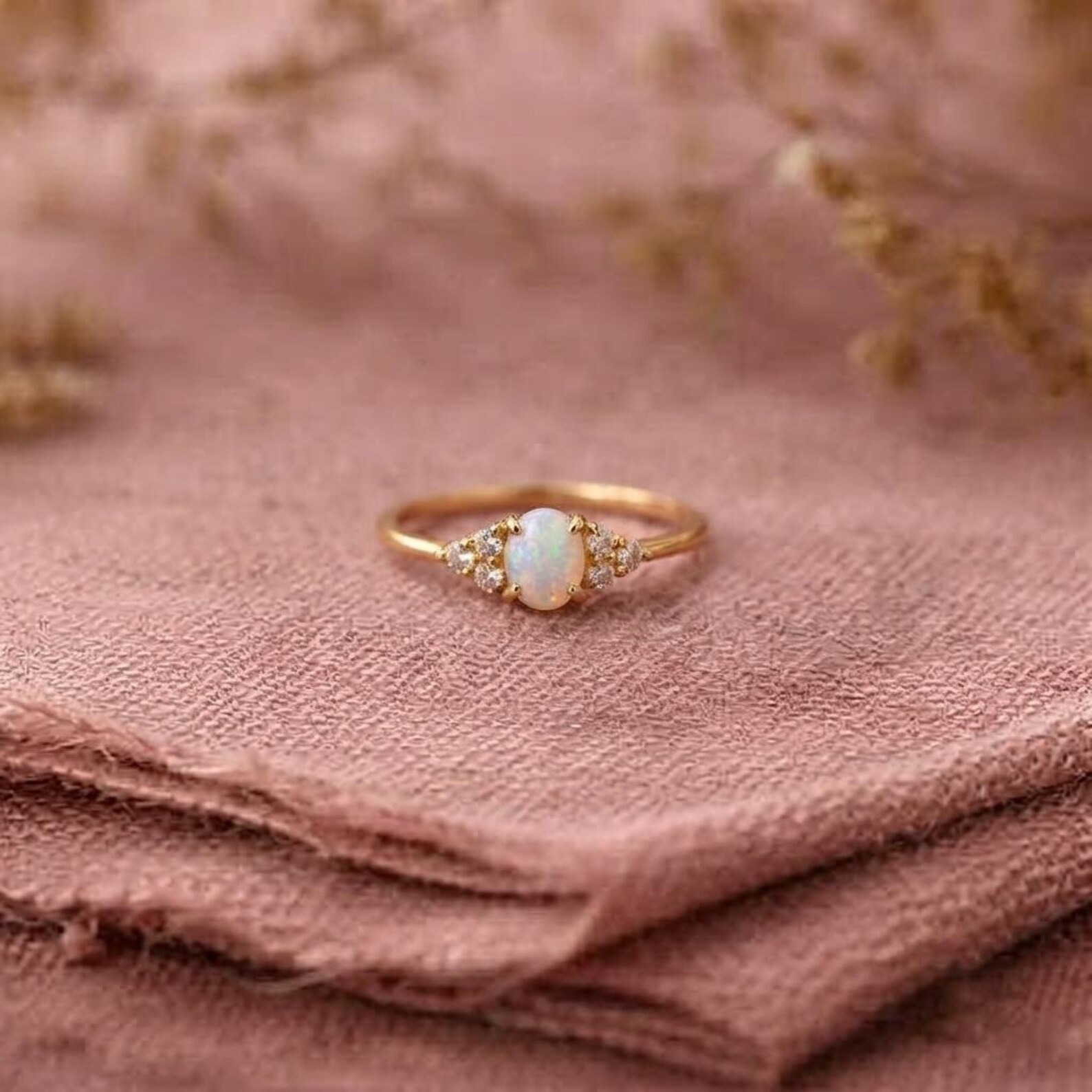 Natural Opal 14k Gold Ring,Oval Engagement Ring,Diamond & Opal Ring,Dainty Opal Ring,Promise Ring,October Birthstone,Birthday Gift for Her