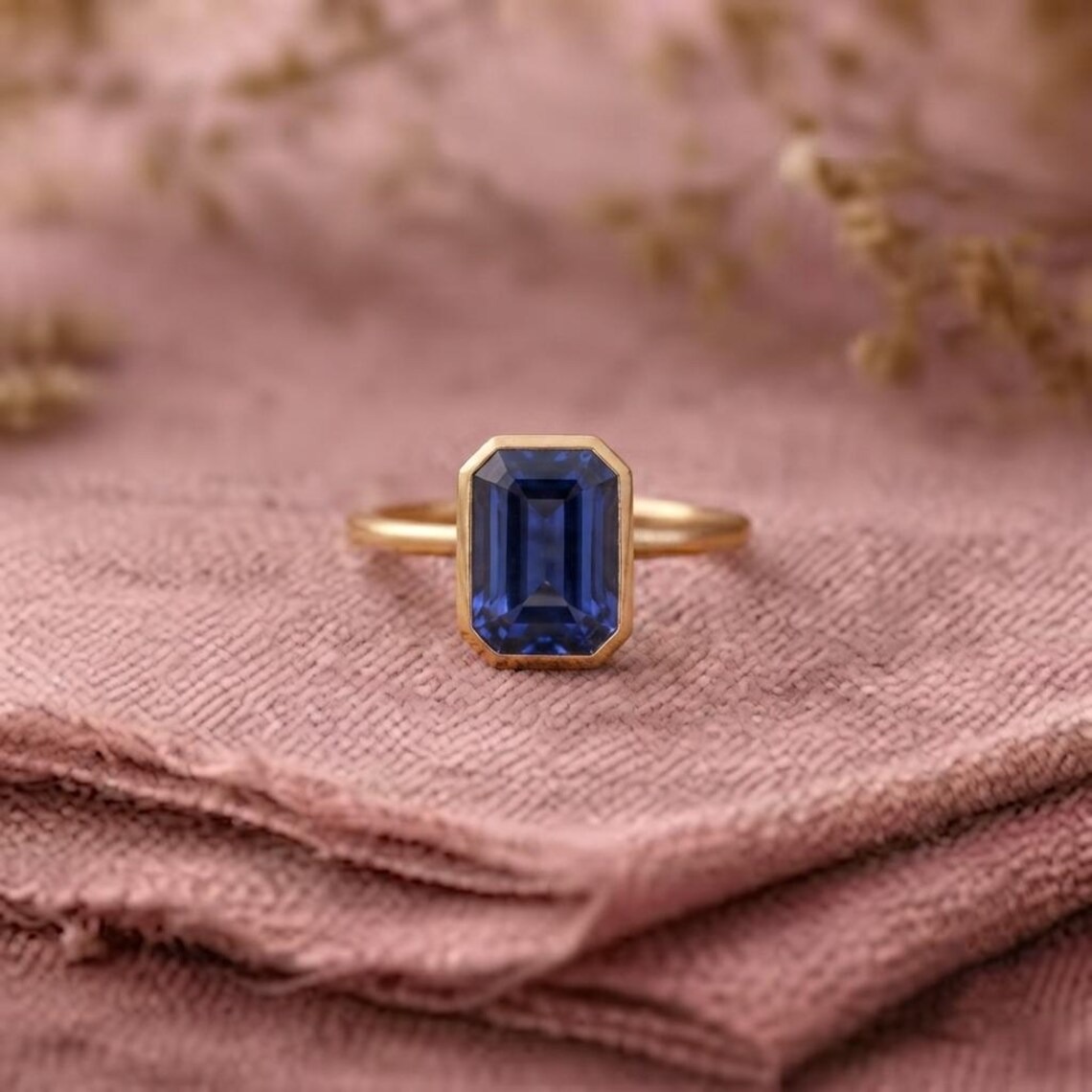 Emerald Cut Blue Sapphire Engagement Ring, Bezel Set Solitaire Ring, 14K Gold Minimalist Wedding Ring, September Birthstone Gift For Her