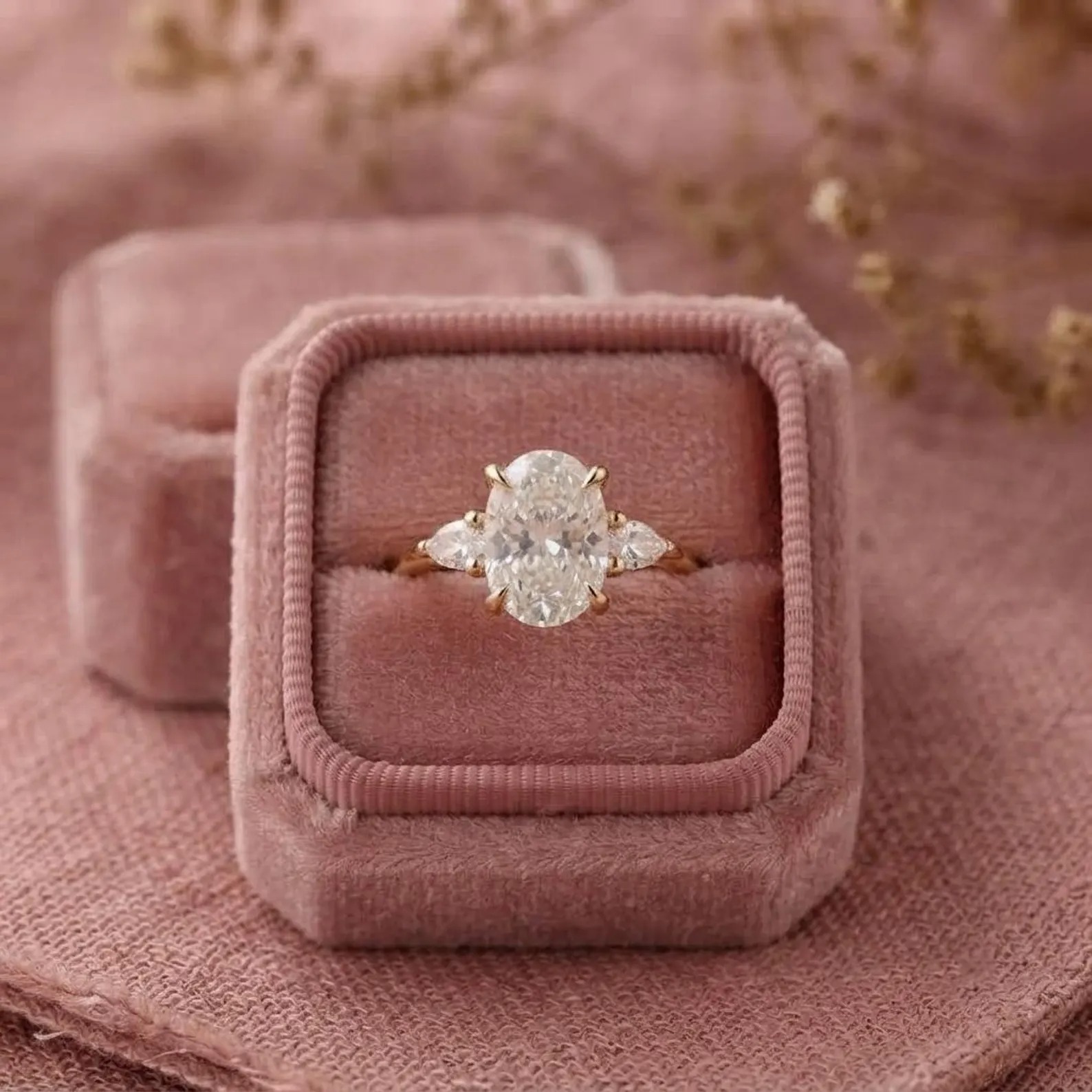 2.5ct Oval Cut Moissanite Ring, Petite Three Stone Engagement Ring, 14K Solid Gold Dainty Minimalist Jewelry, Pear Side Stone Promise Ring