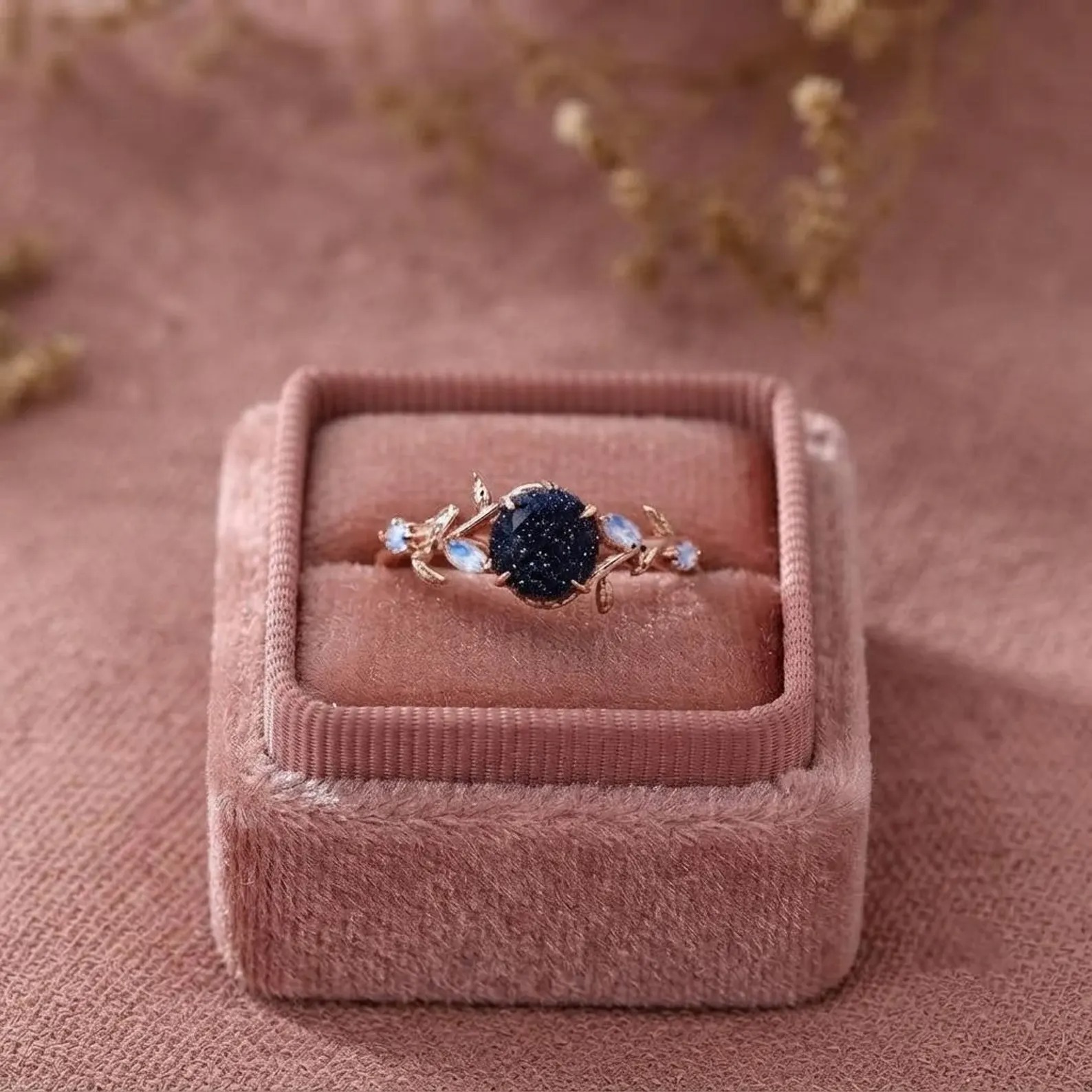 Galaxy Sandstone Ring, Round Engagement Ring, Twig Leaf Ring, Cluster Alexandrite, Moonstone, Moissanite, Sandstone Multi Gemstone Ring