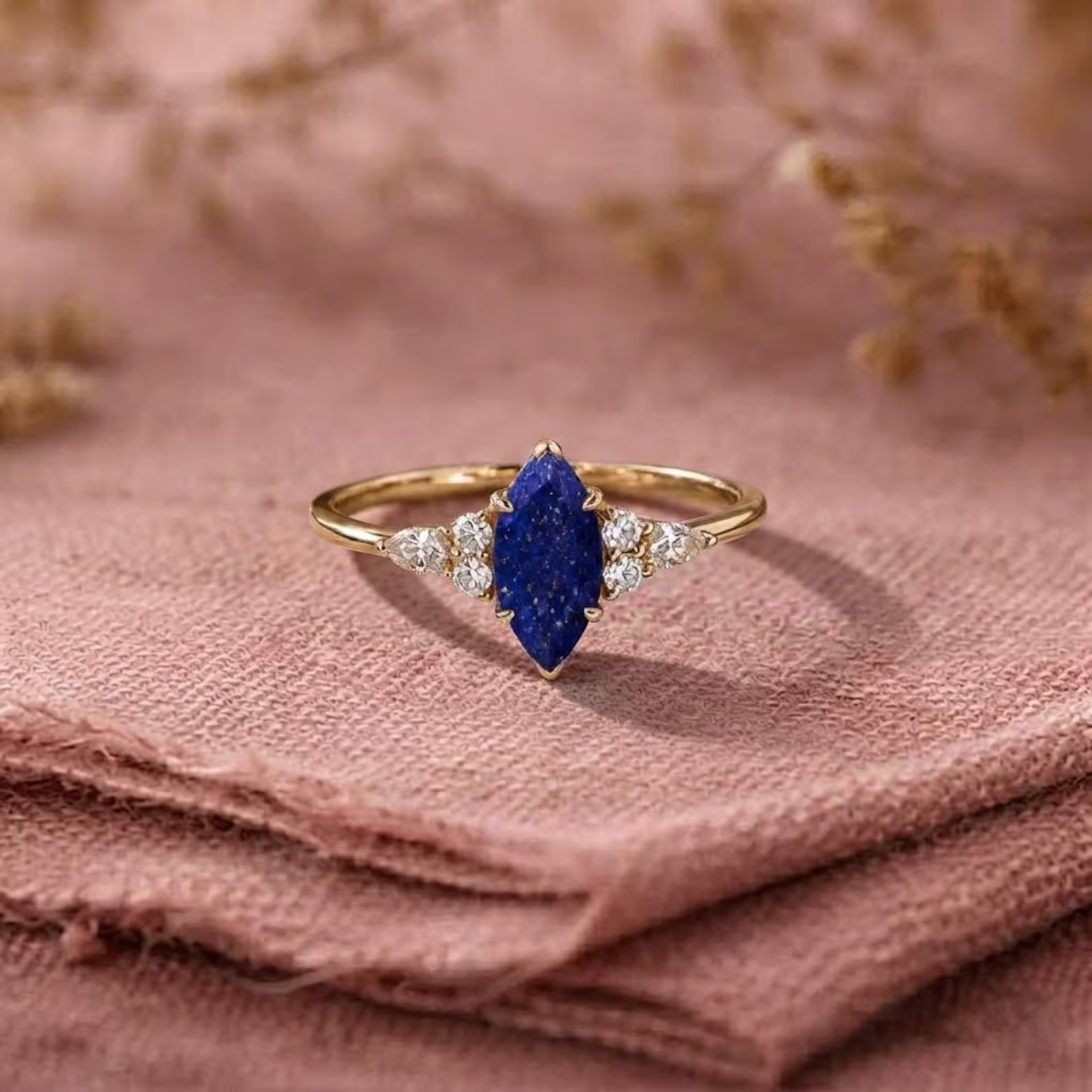 Lapis Lazuli Ring, Marquise Cut Lapis lazuli Statement Ring, Gemstone Ring, Vintage Diamond Cluster Ring, Promise Ring, Natural Lapis Lazuli