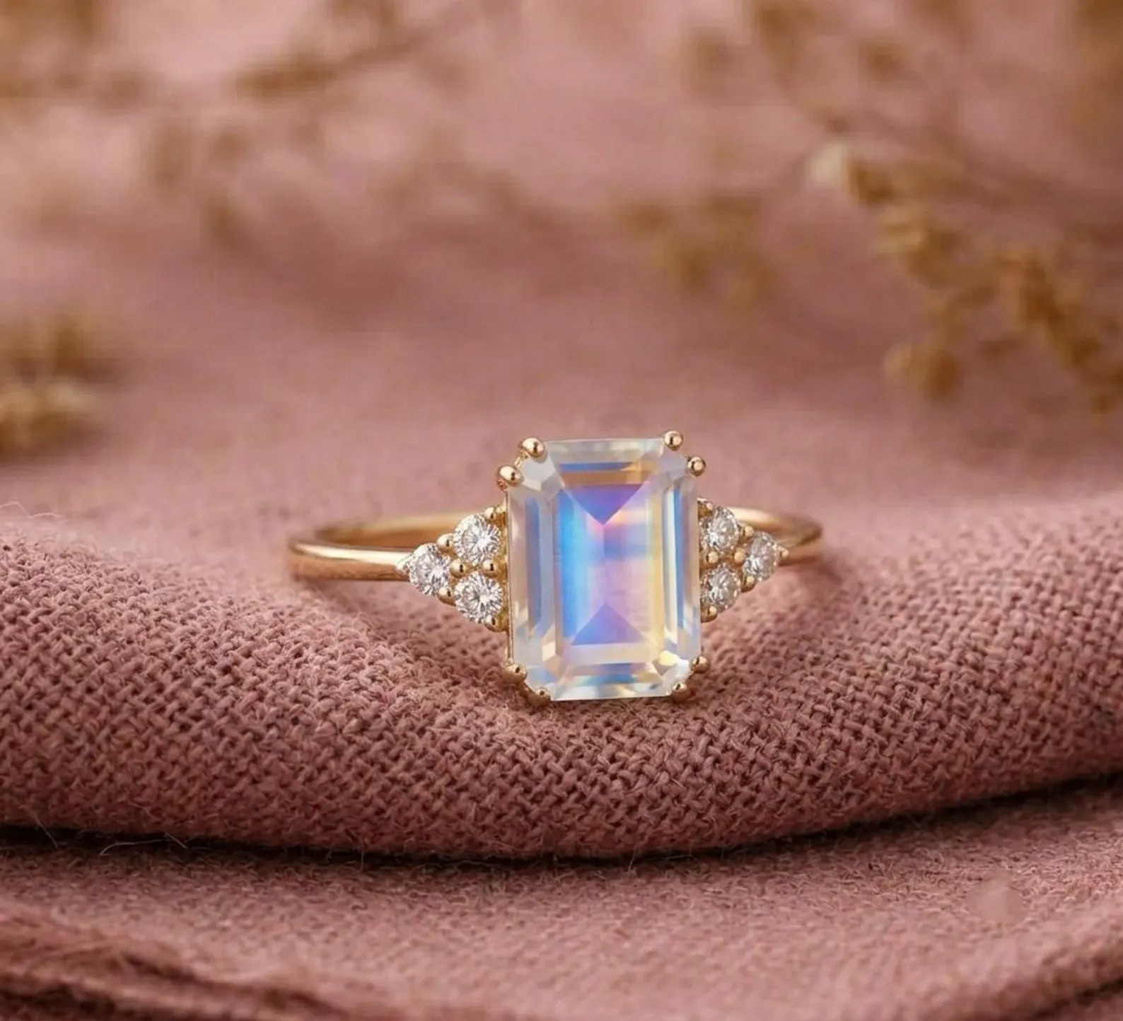 Emerald Cut Moonstone Engagement Ring, Rainbow Moonstone Ring with Diamond Cluster, Handmade Art Deco Promise Ring, Christmas Gift For Her