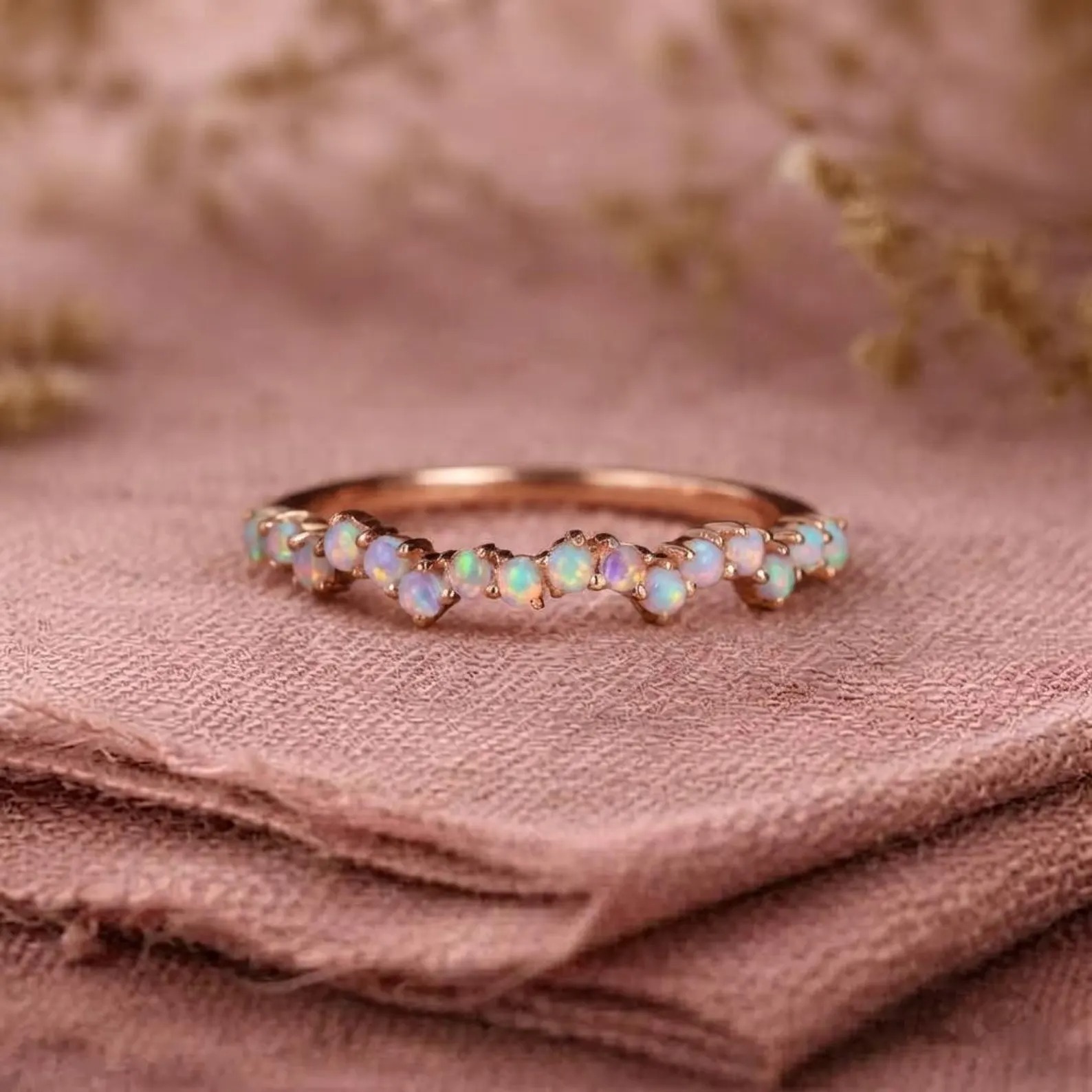 Opal Ring, Vintage Opal Band, Opal Wedding Band, 14k Rose Gold Opal Ring, Dainty Opal Ring, October Birthstone Ring, Matching Band