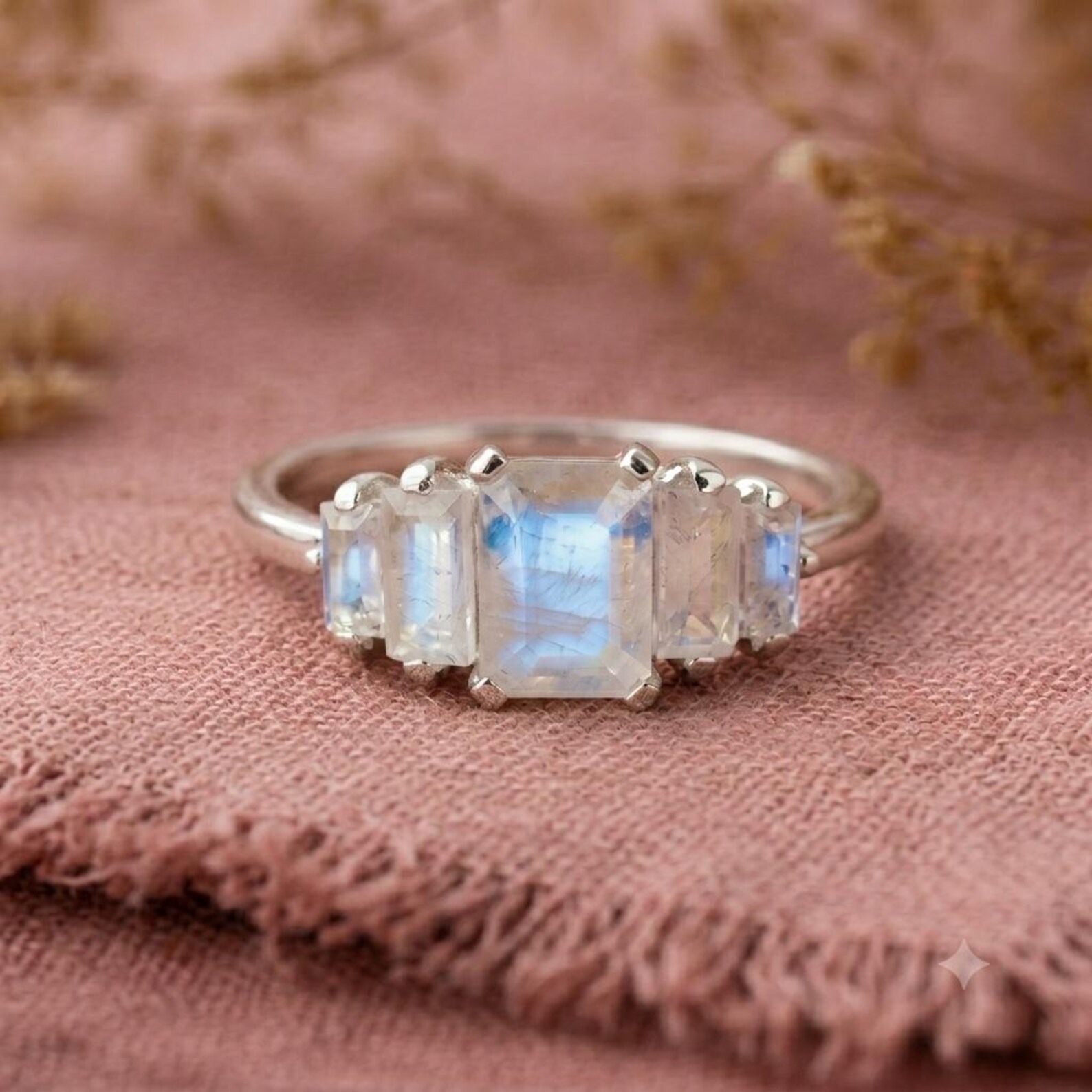 Natural Moonstone Ring, Emerald Cut Moonstone Ring, Christmas Gift, Engagement Ring, Statement Ring, Sterling Silver Ring, Bridal Jewelry