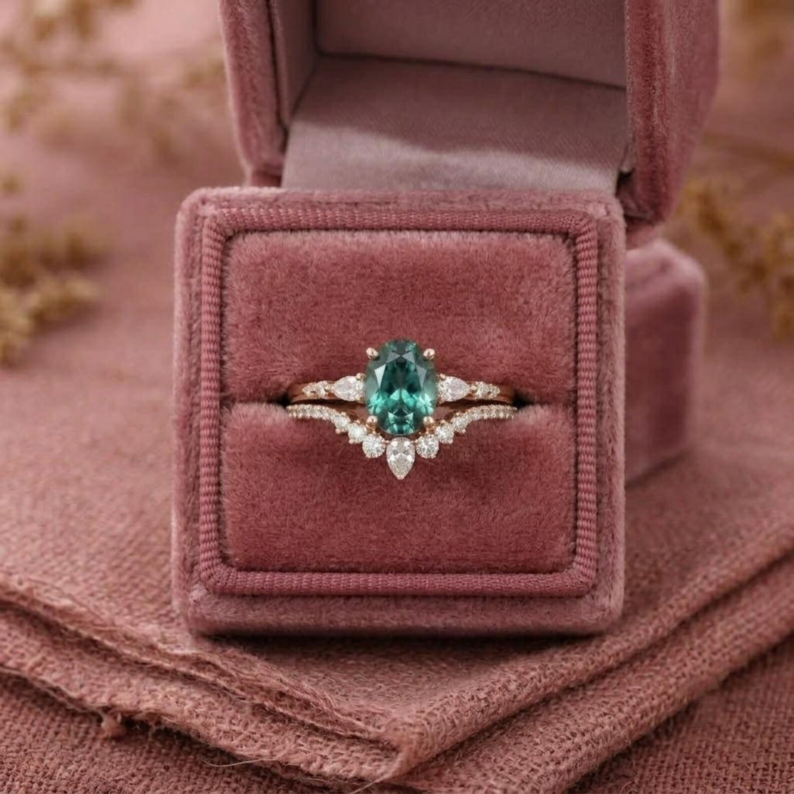 Oval Cut Bridal Ring Set, Teal Sapphire Engagement Ring, Vintage Wedding Ring Set, Rose Gold Promise Ring Set, Art Deco Bridal Jewelry
