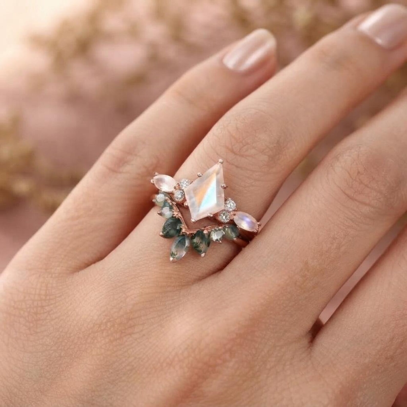 Skye Kite Moonstone Ring Set, Moss Agate & Moonstone Engagement Ring Set, Marquise Cut Moonstone Ring, Promise Ring, June Birthstone Ring