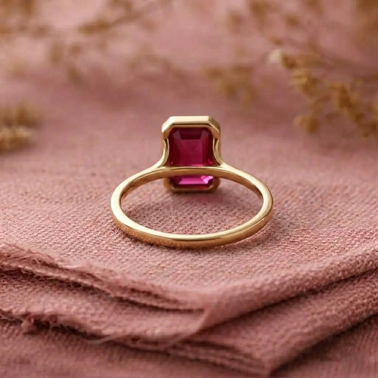 Emerald Cut Ruby Engagement Ring, 14K Solid Yellow Gold Ring, Bezel Set Statement Ring, Anniversary Gift For Her, Bridal Ring, Promise Ring