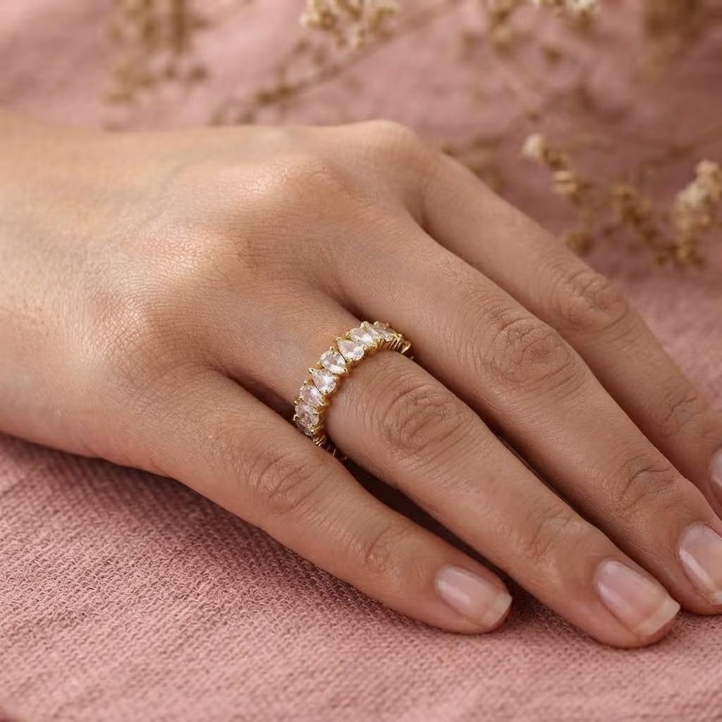 Pear Cut Moissanite Wedding Band, Lab Grown Diamond Bridal Band, 14K Solid Gold Moissanite Anniversary Band, Full Eternity Moissanite Band