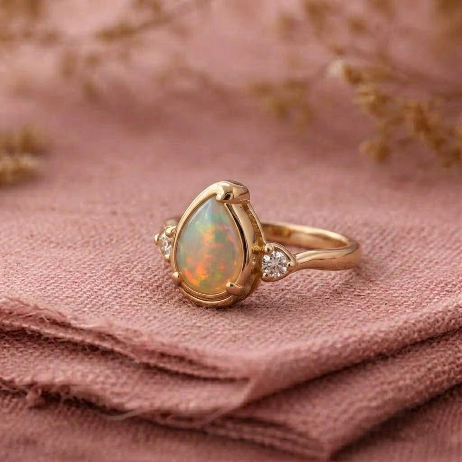 Gold Opal Ring, Pear Dainty Opal Engagement Ring, Vintage Diamond Cluster Ring, October Birthstone Ring, Christmas Gift, Rings for Women