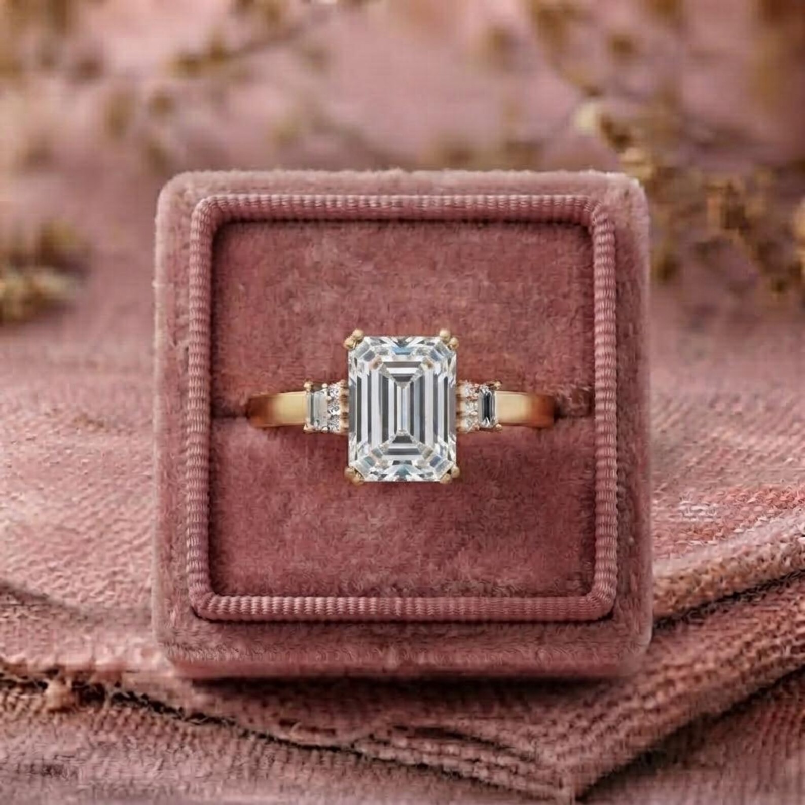 Emerald Cut Moissanite Engagement Ring, Diamond Cluster Accent Dainty Ring, Alternative Baguette Moissanite Ring, Anniversary Gift For Her