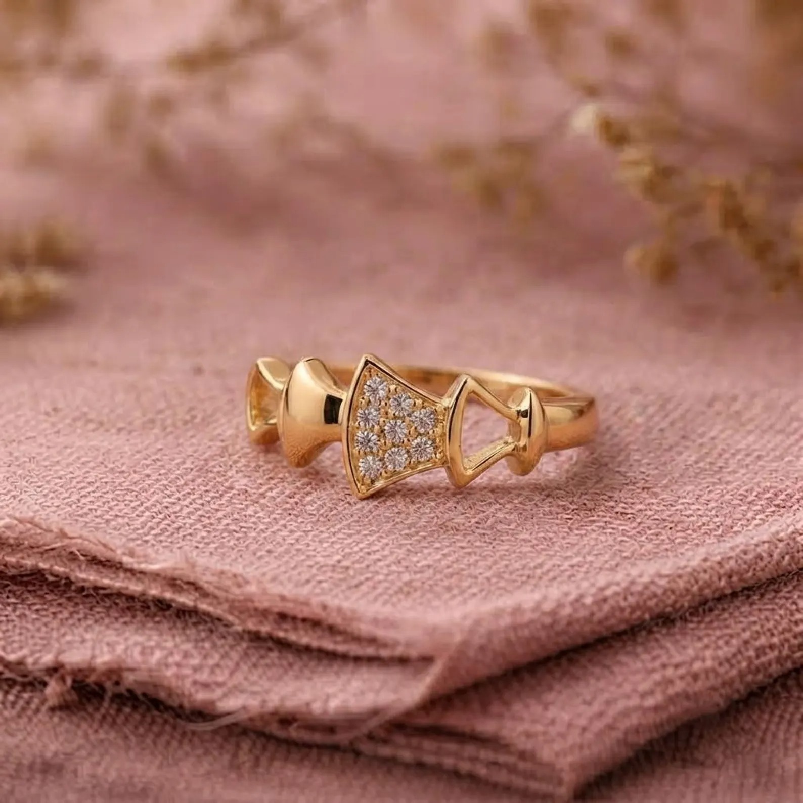 Gold Bow Ring, Pavé Moissanite Statement Ring, Unique Gold Engagement Ring Dainty Ribbon Ring, Feminine Bridal Jewelry, Diamond Gift For Her