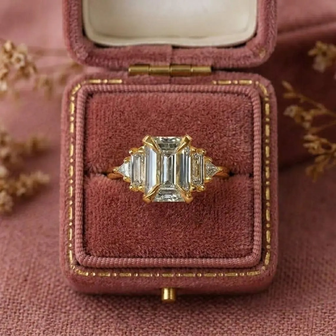Art Deco Emerald Cut Engagement Ring, Baguette Cluster Wedding Ring, Geometric Gold Bridal Ring,