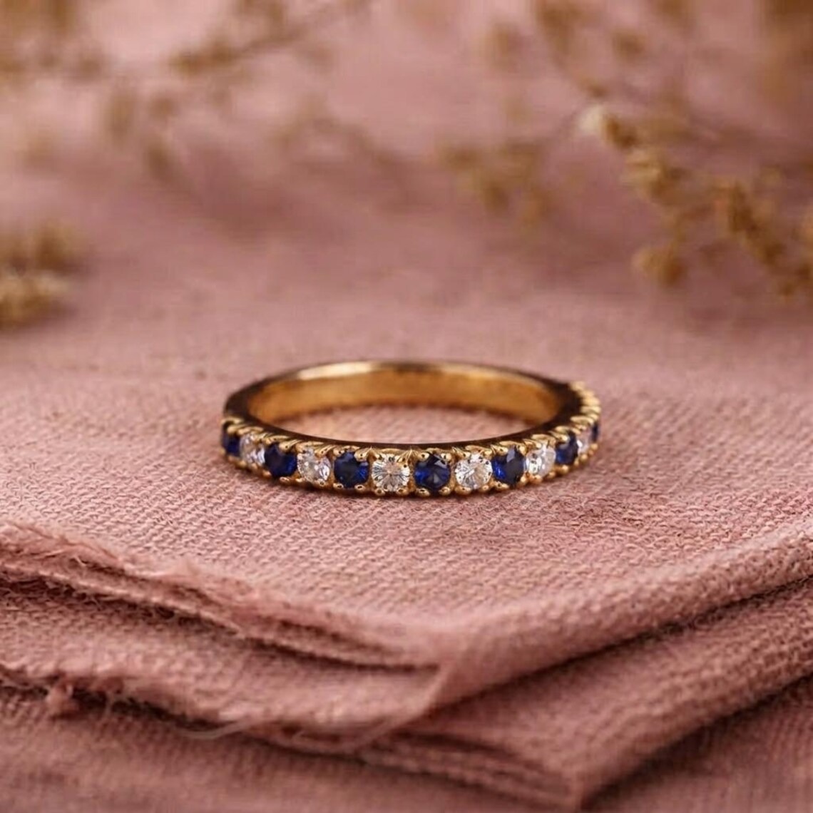 Blue Sapphire Moissanite Wedding Band, White Gold Ring Half Eternity September Birthstone Band, Christmas Gift, Promise Ring, Gift For Her