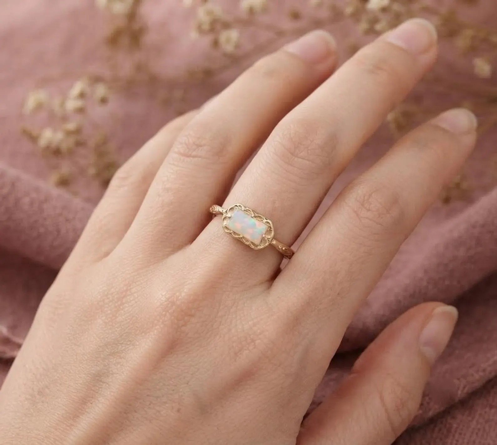Opal Baguette Ring: 925 Sterling Silver, Baguette Cut Vintage Engraved Band, October Birthstone Gift, Dainty Opal Ring, Christmas Gift