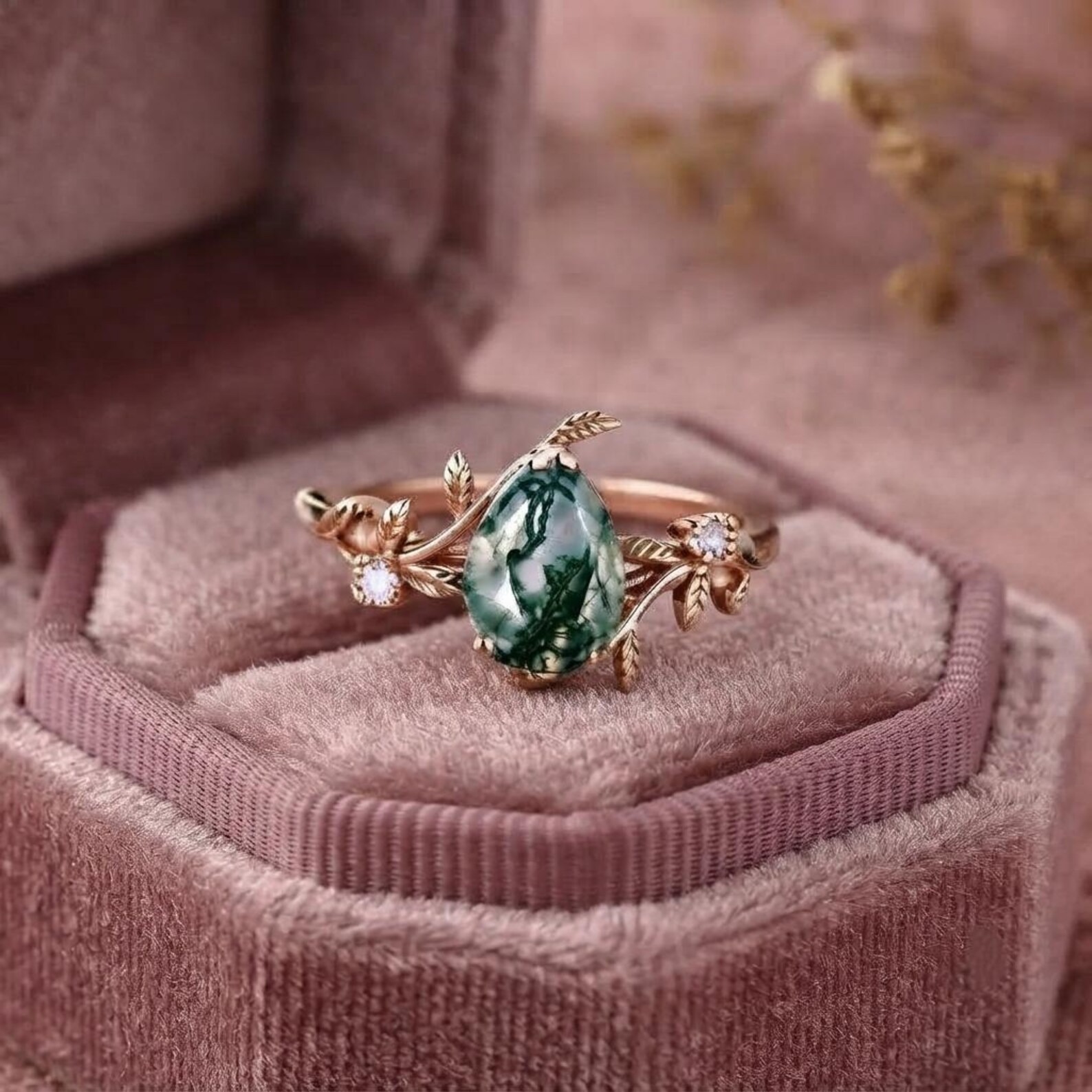 Pear Moss agate Engagement Ring, Leaf Ring, Nature Inspired Ring, Branch Ring, Personalized Ring, Delicate Ring, Promise Ring For Women