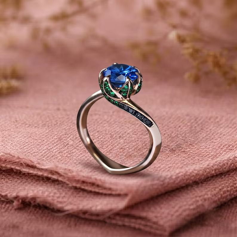 Blue Sapphire Engagement Ring, 14k Gold Round Cut Blue Gemstone Ring, Handmade Art Deco Green And Black Accents Ring, Anniversary Jewelry