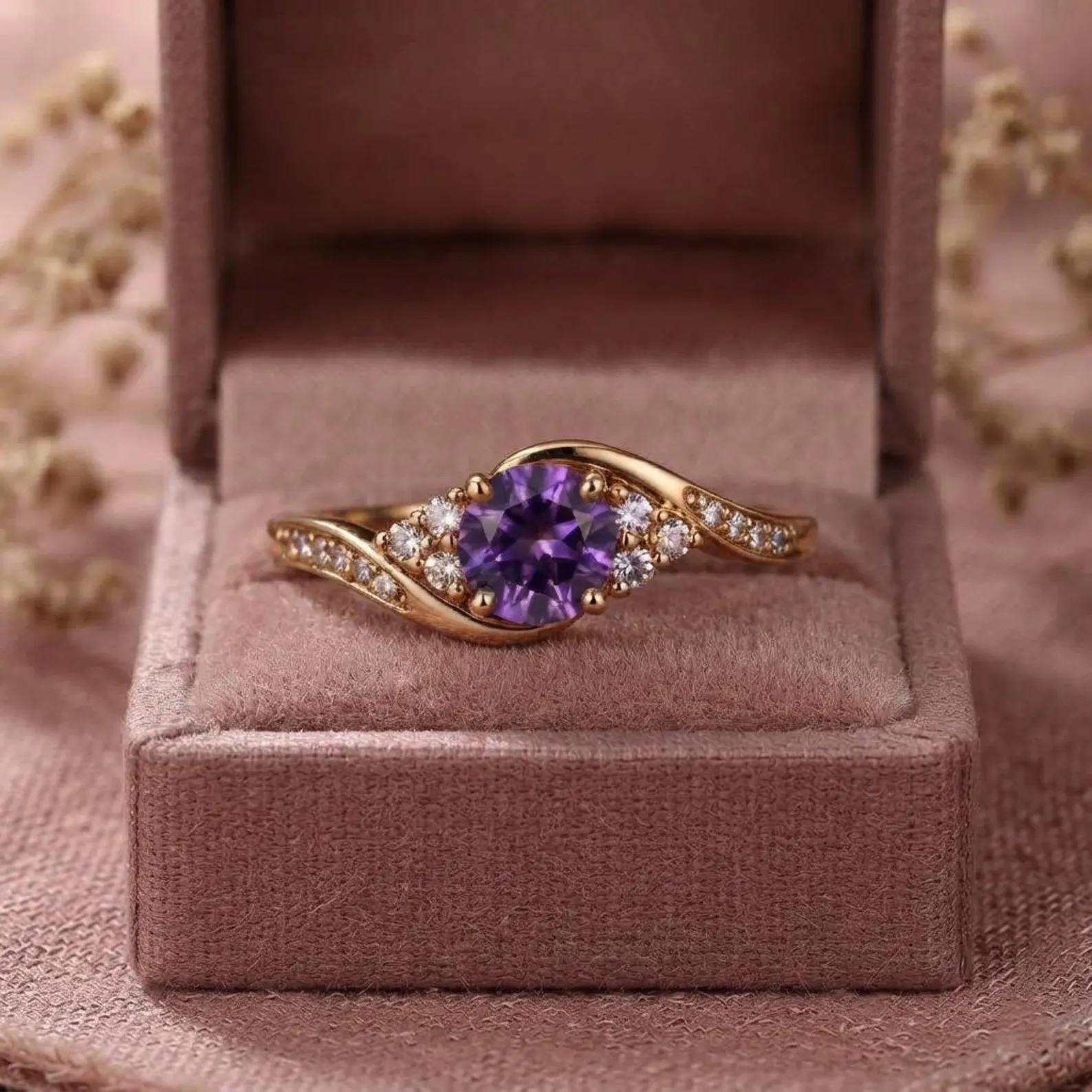 Purple Amethyst Gold Ring, Floral Gemstone Gift Ring, Vintage Inspired Diamond Cluster Ring, Statement Ring, Round Amethyst Engagement Ring