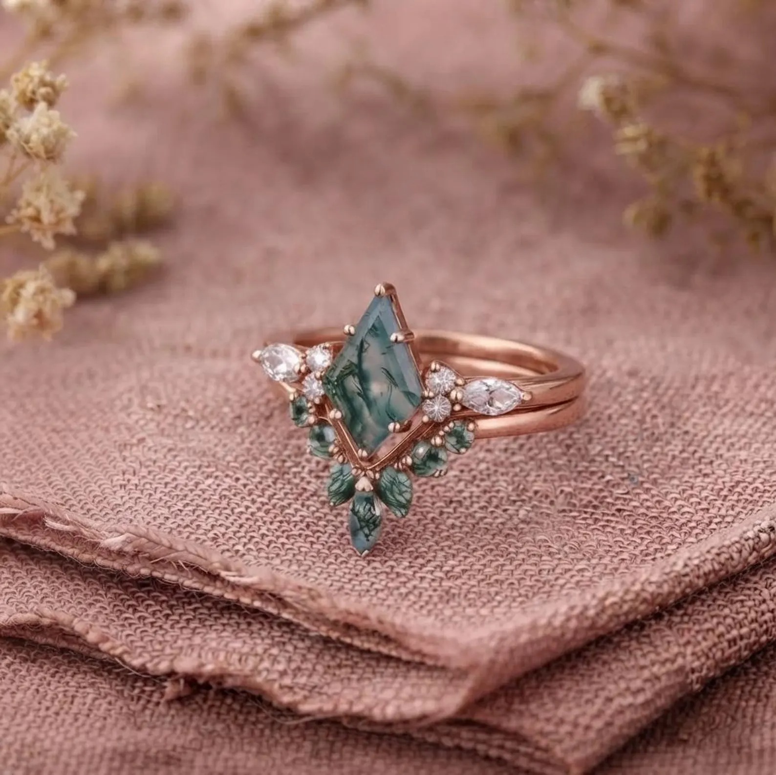Vintage kite cut green moss agate engagement ring set, 14k rose gold marquise cut Moss agate ring for women, unique bridal wedding ring set