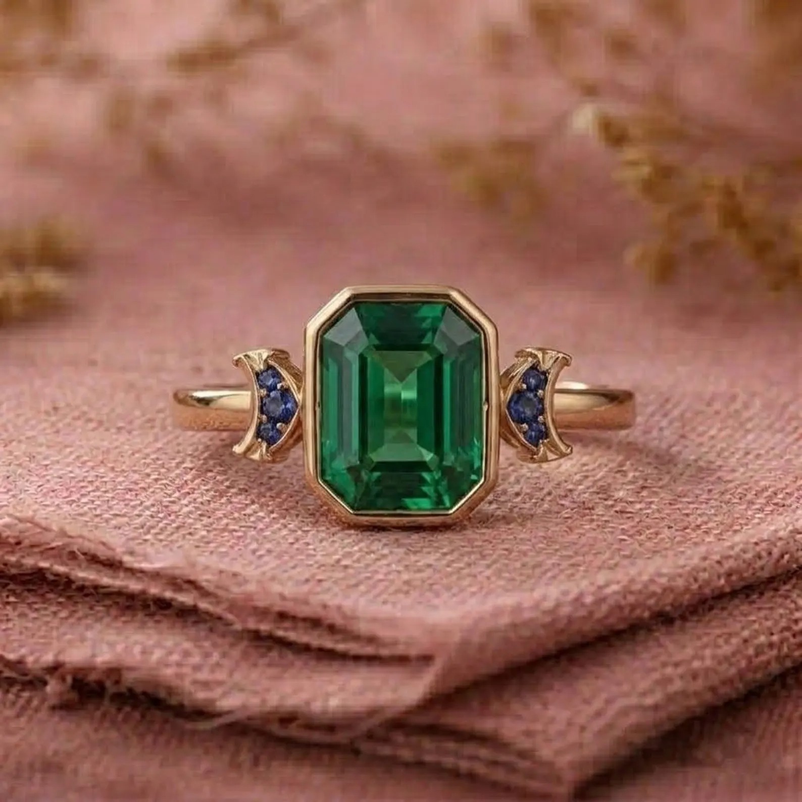 Green Emerald Ring, Green Gemstone Ring, Emerald Cut Engagement Ring, Vintage Ring, Blue Accent Ring, Promise Ring, Anniversary Gift For Her