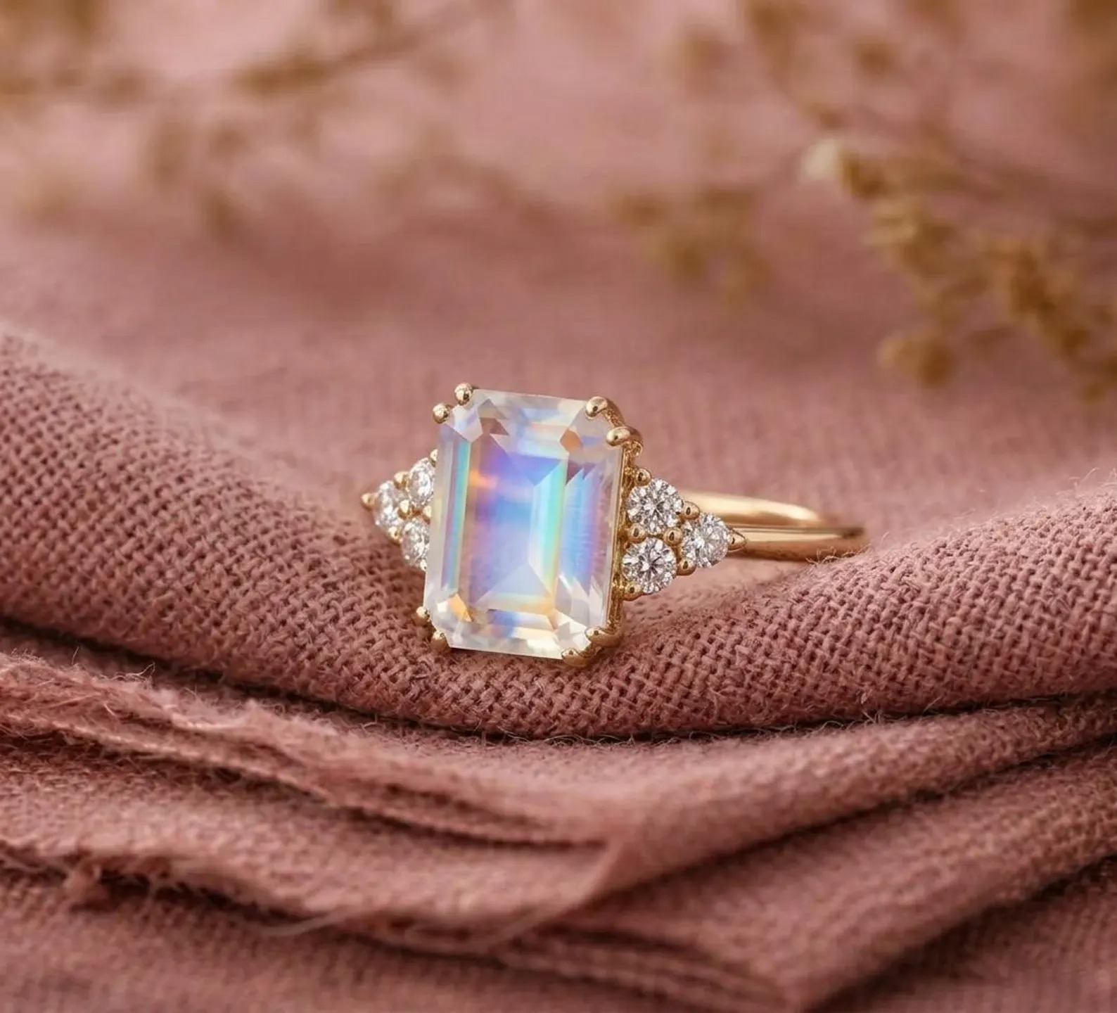 Emerald Cut Moonstone Engagement Ring, Rainbow Moonstone Ring with Diamond Cluster, Handmade Art Deco Promise Ring, Christmas Gift For Her